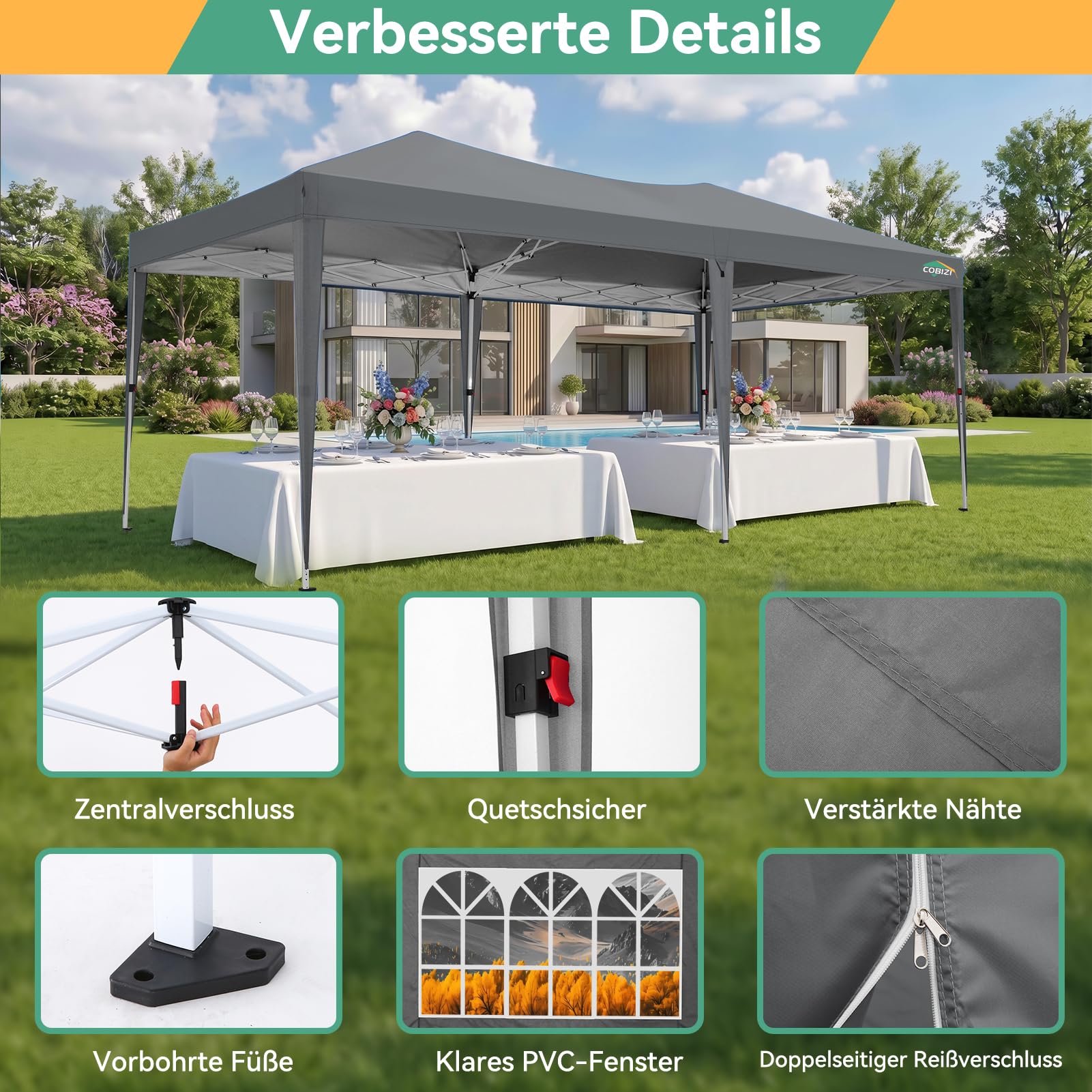 COBIZI Pavillon 3x6 Faltpavillon Wasserdicht Stabil Winterfest Faltbar Partyzelt mit 6 Seitenteilen Pop up Gartenpavillon UV Schutz 50+ Höhenverstellbar für Strand Hochzeit Camping, GRAU