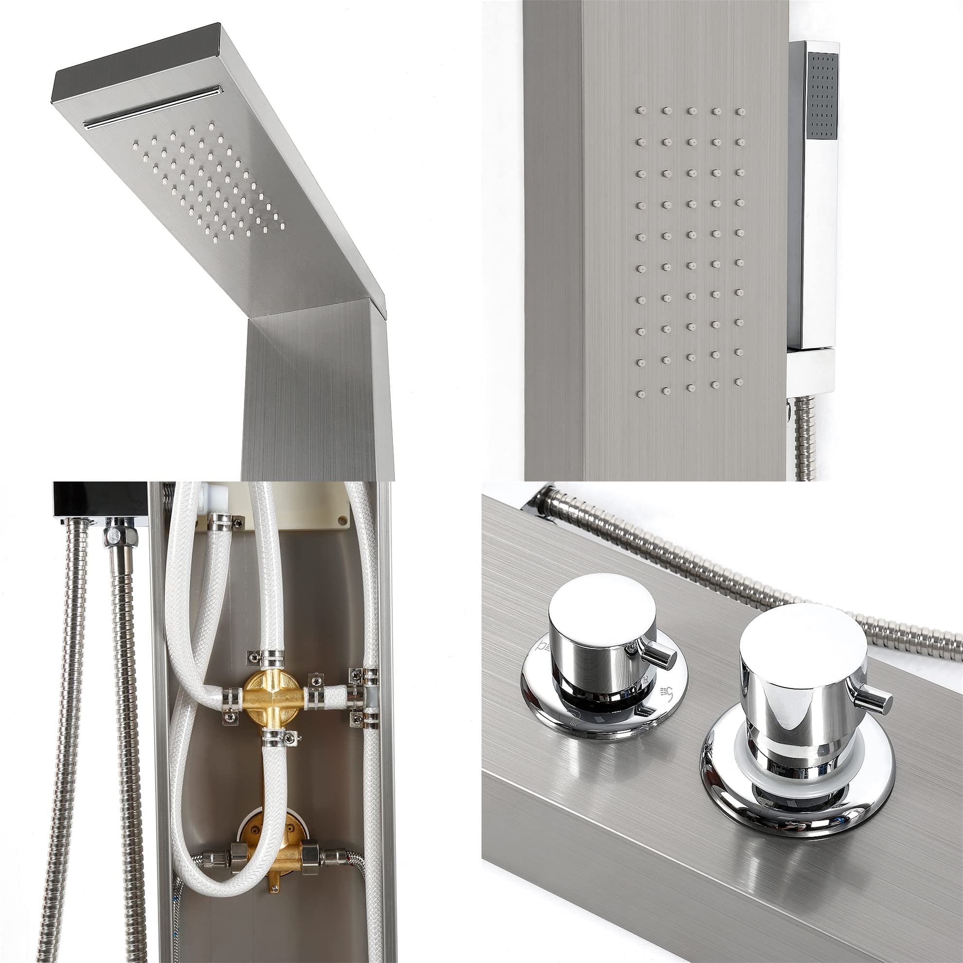 MINGYI Colonne de Douche Hydromassante, avec Douchette et Pommeau, 4 Modes de Douche, Connecteur DIN Standard 1/2'' (Argent, 15×130 cm)