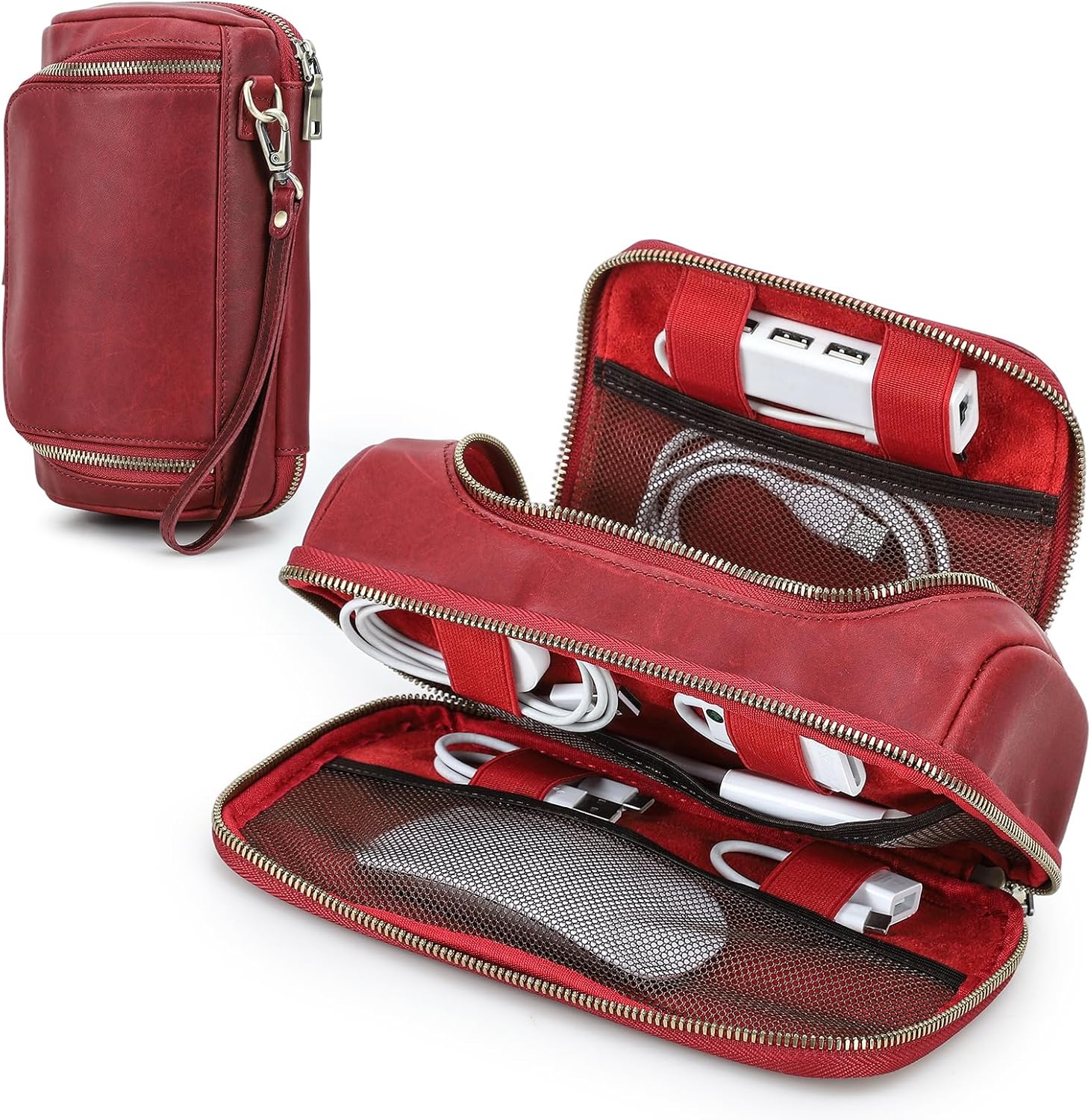 Hiram Handmade Crazy Horse Leather Tech Organizer Travel Case – Accessories Organiser Bag for Laptop, Tablet & Cell Phone, Double Compartment Charger Organizer Travel Case Red
