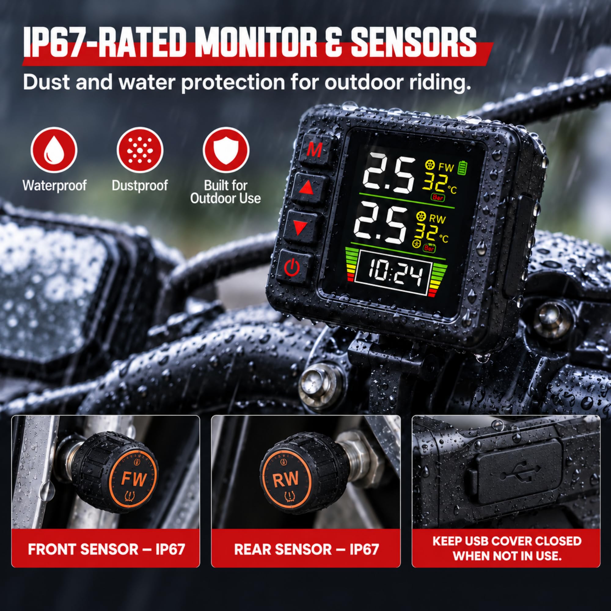 Motorrad-Reifendruckkontrollsystem, LCD, 2 Außensensoren