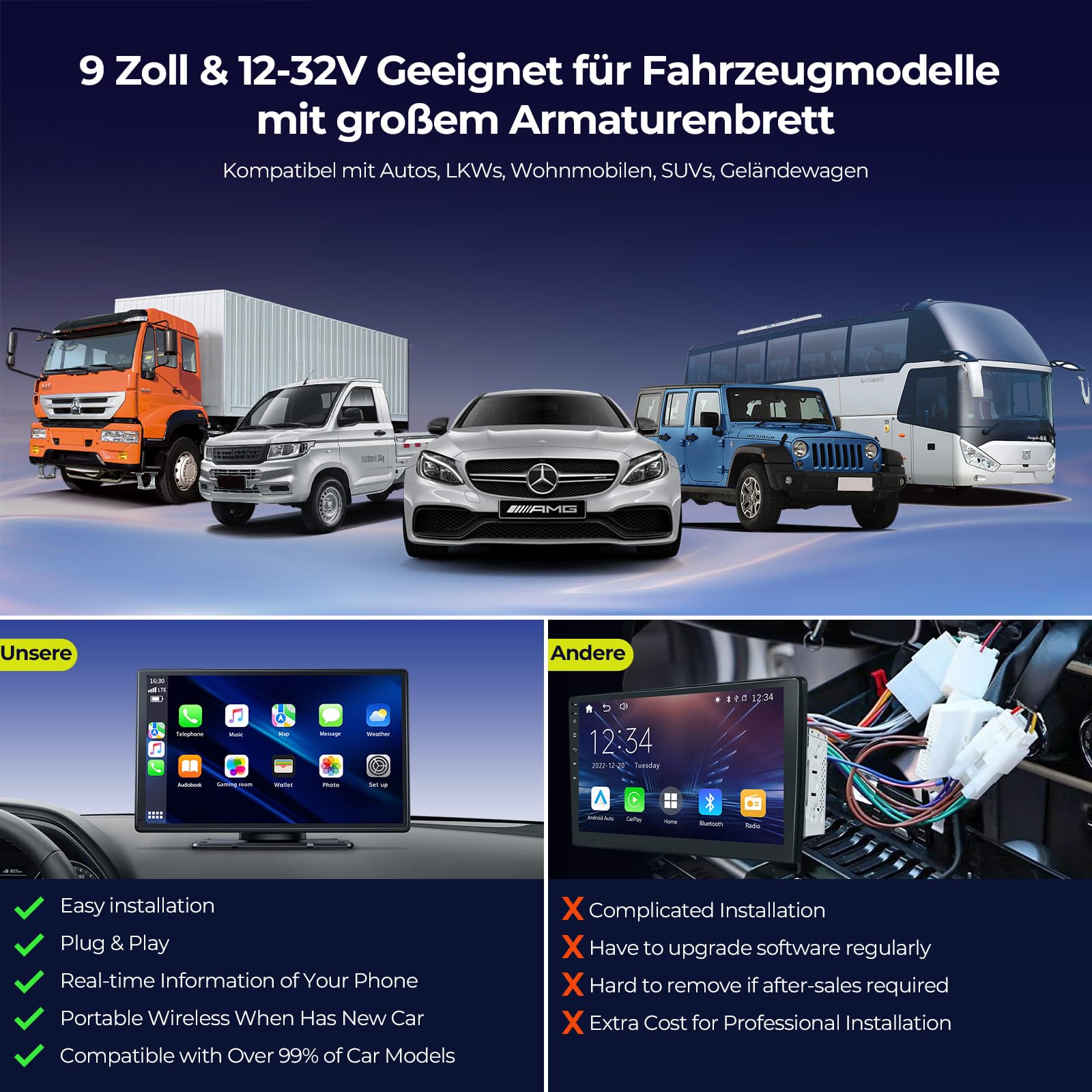 LAMTTO Pantalla carplay Coche 9 Pulgadas para carplay inalambrico&Android Auto, 2.5K Front&1080P Cámara Trasera,Autoradio Portátil Car Play con GPS,Bluetooth,Pantalla Táctil,Mirror Link,Siri&G00gle
