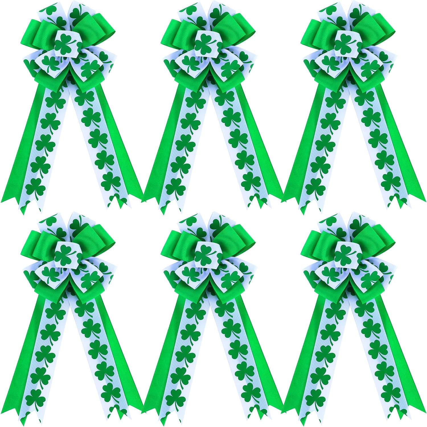 WILLBOND 6 Pcs St. Patrick's Day Wreath Bow Green Shamrock Satin Bow Gift, Clover Irish Holiday Ornament for Saint Patrick's Day Party Decor Door Wall Porch Indoor Outdoor Decoration