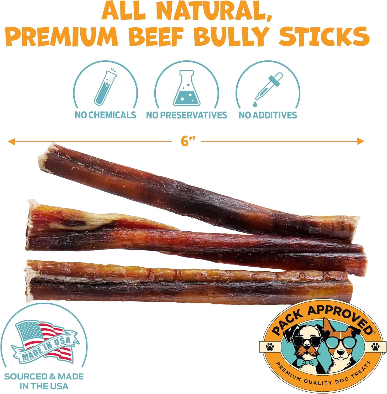 Pack Approved Standard Beef Bully Sticks for Medium Dogs - Long Lasting Dog Chews for Aggressive Chewers - Dog Bully Sticks for Medium Dogs - 6” (12ct)