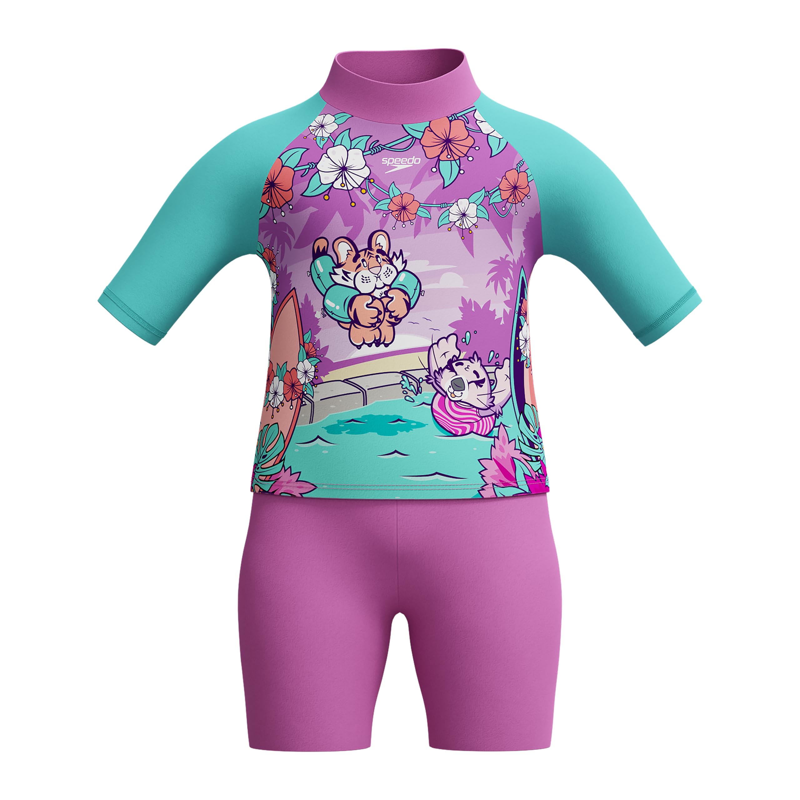 Speedo Girls Learn to Swim Sun Protection Top & Shorts | Junior Girls | Holiday Wear | UVU Protection Swimwear, Neon Violet, 4YRS