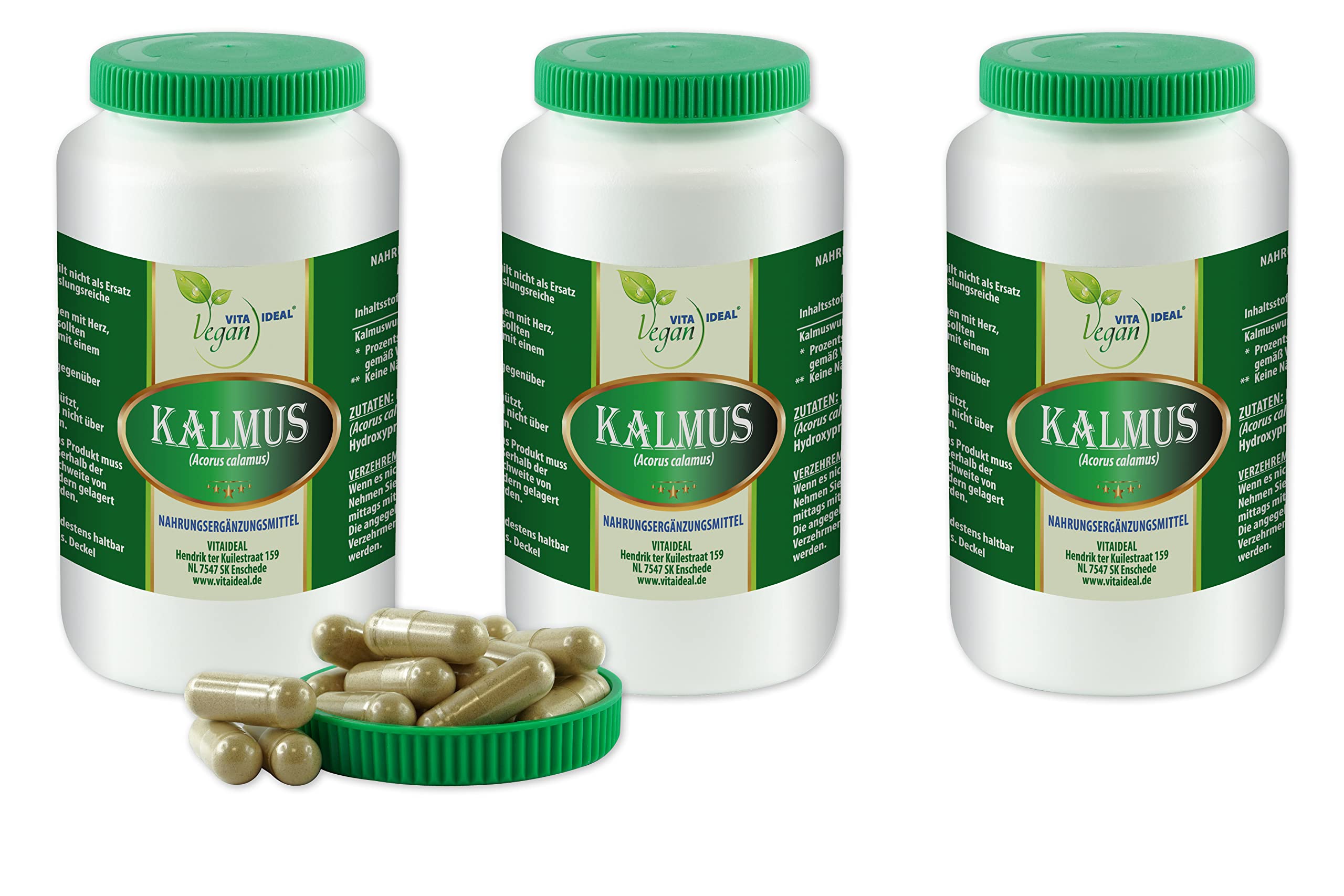 VITA IDEAL Vegan® Kalmus Wurzel 3x 360 Kapseln - Acorus calamus - Tgesportion 800mg Kalmuswurzel Pulver natur, gemahlen. Pflanzlich, natürlich und ohne Zusatzstoffe, original von VITAIDEAL.