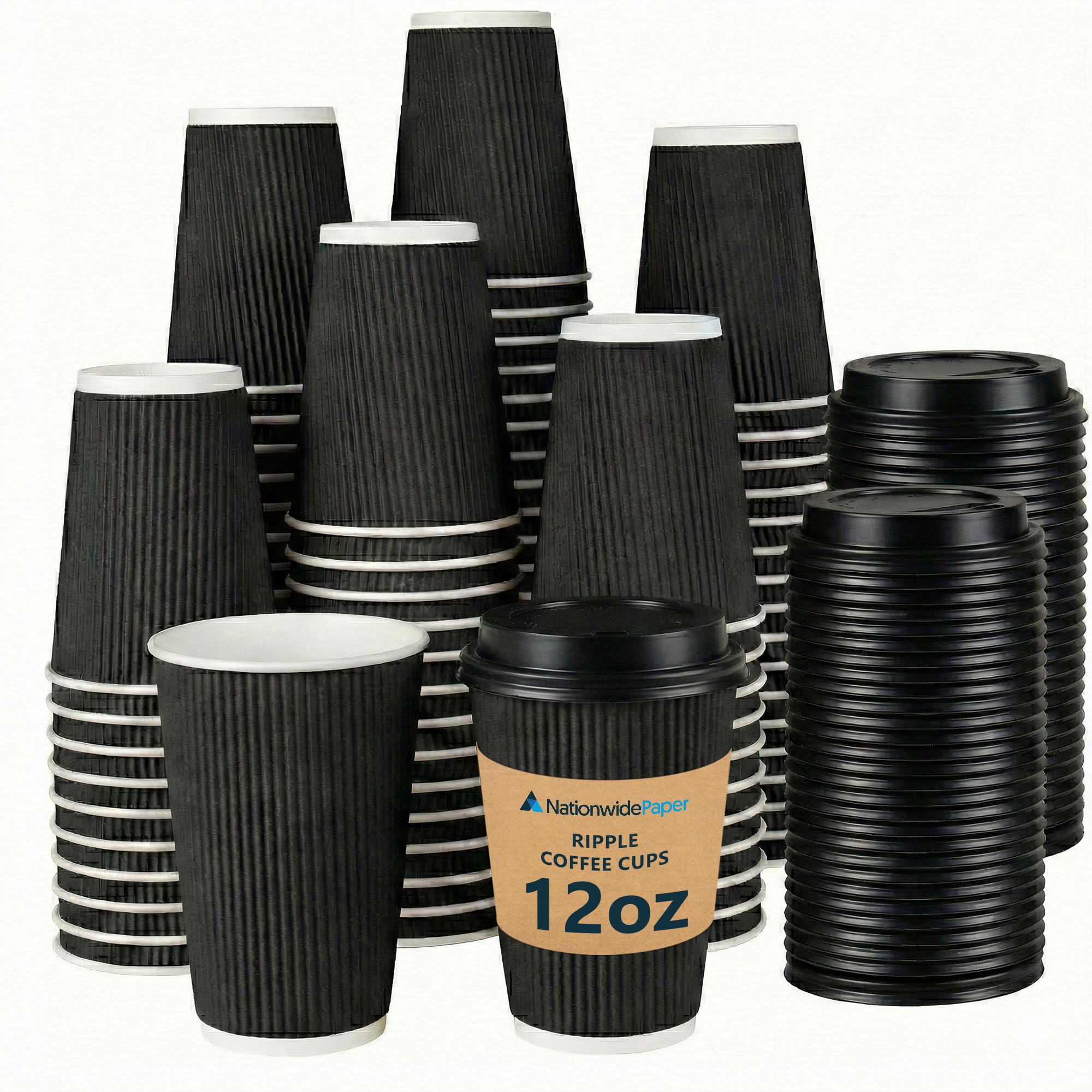 Coffee Cups with Lids, Insulated Ripple Hot Paper Cups, Disposable Cups for Takeaway Hot Drinks, (12oz-50 Pcs, Black)