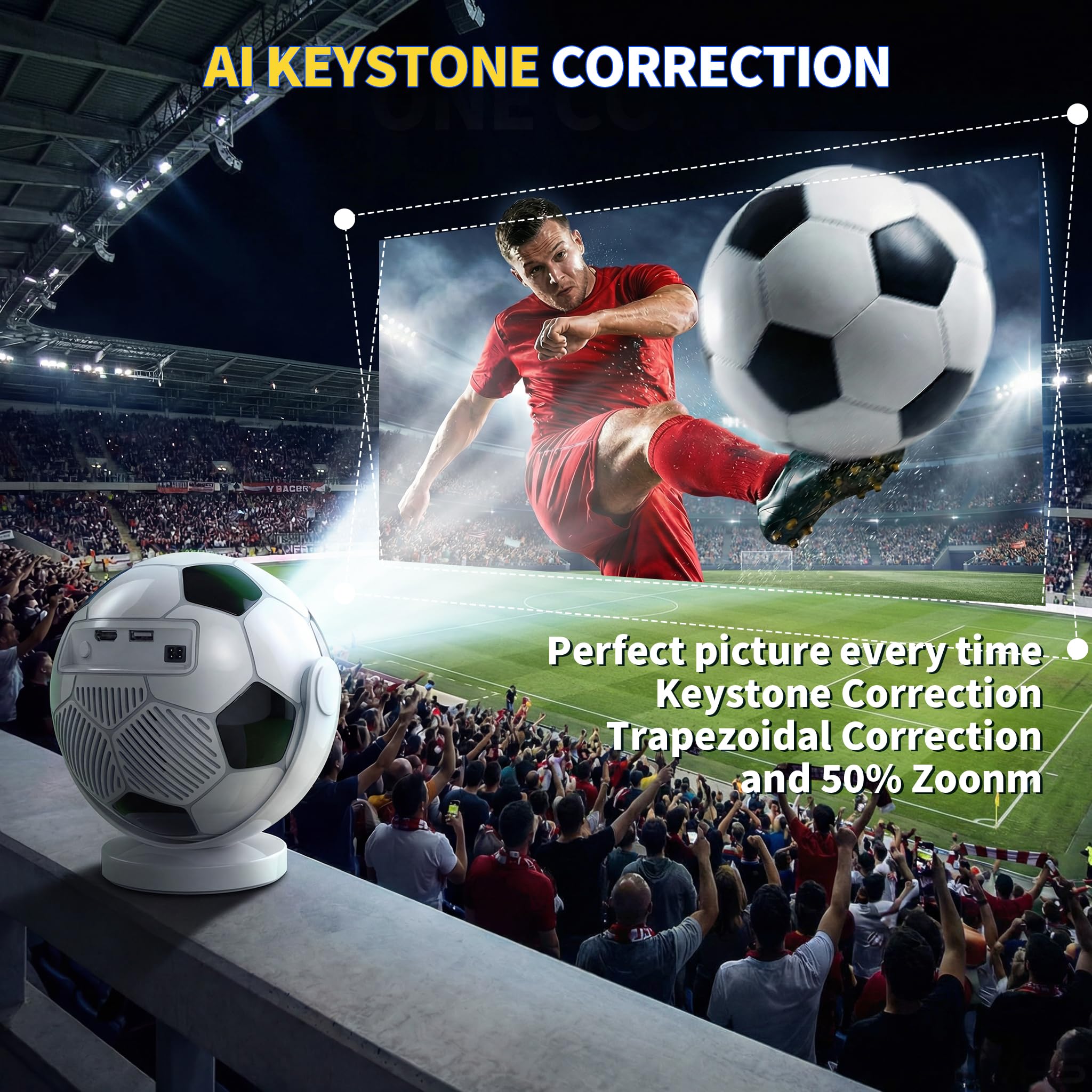 Mini Beamer 4K 1280P, 2026 Upgraded Football Style Projector with WiFi 6 and Bluetooth 5.4, Auto Keystone Correction 360° Rotatable Portable Projector Compatible with HDMI/TV Stick/Laptop/USB,White