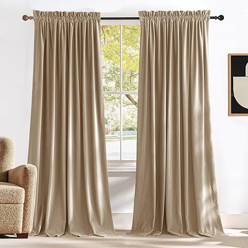 Miniatura 8 de NICETOWN Juego de 2 paneles de cortinas de terciopelo beige de 72 pulgadas, cortinas de oscurecimiento de habitación con aislamiento térmico y
