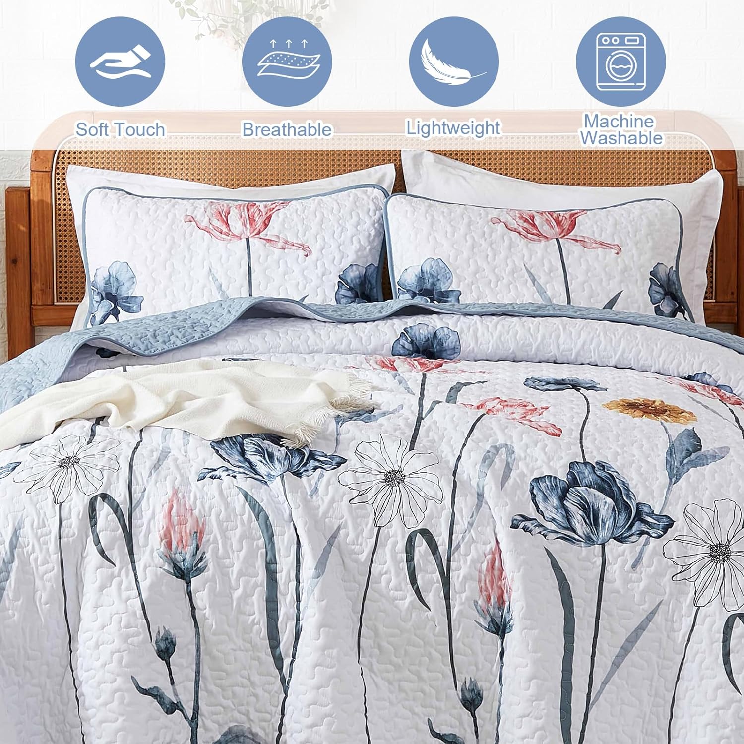 WONGS BEDDING Floral Quilt Set Queen,3 Pieces Blue & Pink Bedspread Coverlet Set Botanical Bedspreads Bed Cover Quilts,Soft Lightweight Farmhouse Flower Bedding Set for Spring Summer(96"x90") - Image 7