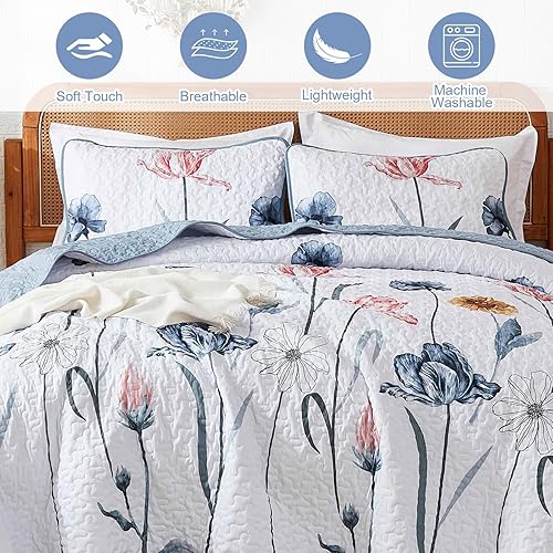 Miniatura 7 de WONGS BEDDING Juego de edredón floral Queen, juego de colcha de 3 piezas azul y rosa, cubrecama botánico, colcha suave y ligera con flores de granja