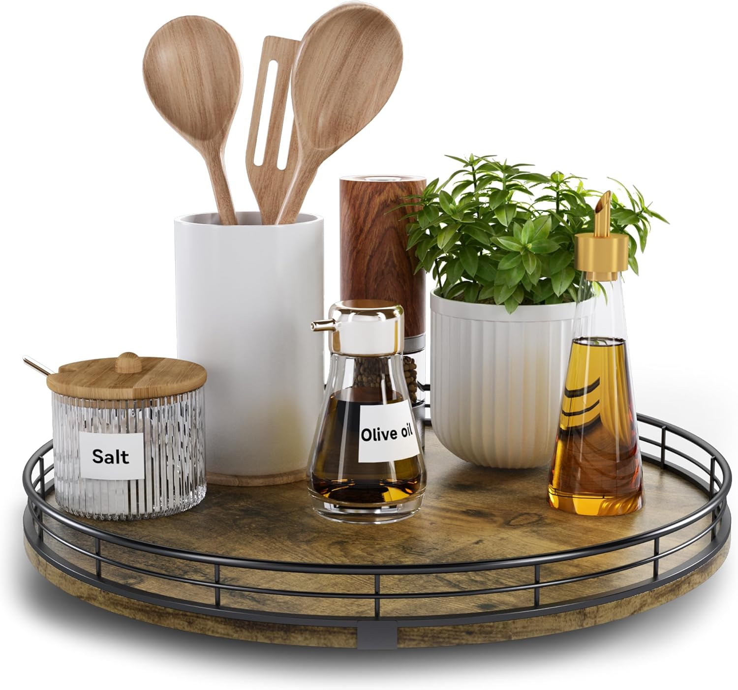 lazy susan turntable organizer for table top, 13’’ round wooden lazy susan for cabinet kitchen countertop pantry dining coffee table for condiments spices, rustic bathroom vanity tray for soap candle rustic 13"