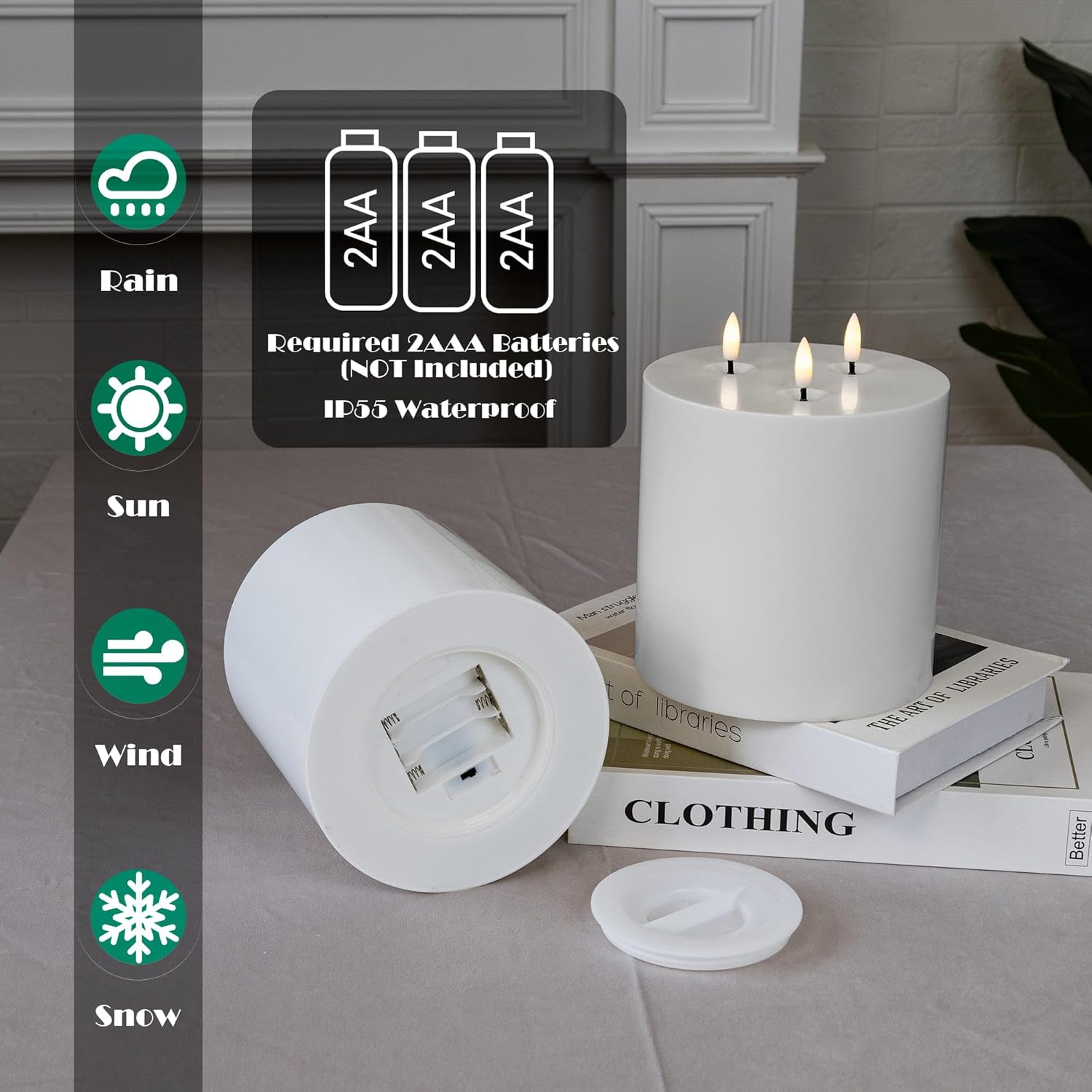 6" x 6" Extra Large Outdoor Waterproof Flameless Candle with 3 Wick, White Plastic Battery Operated LED Candle with Remote and Timer, Flickering Fake Pillar Candles for Garden Patio Porch Home Party