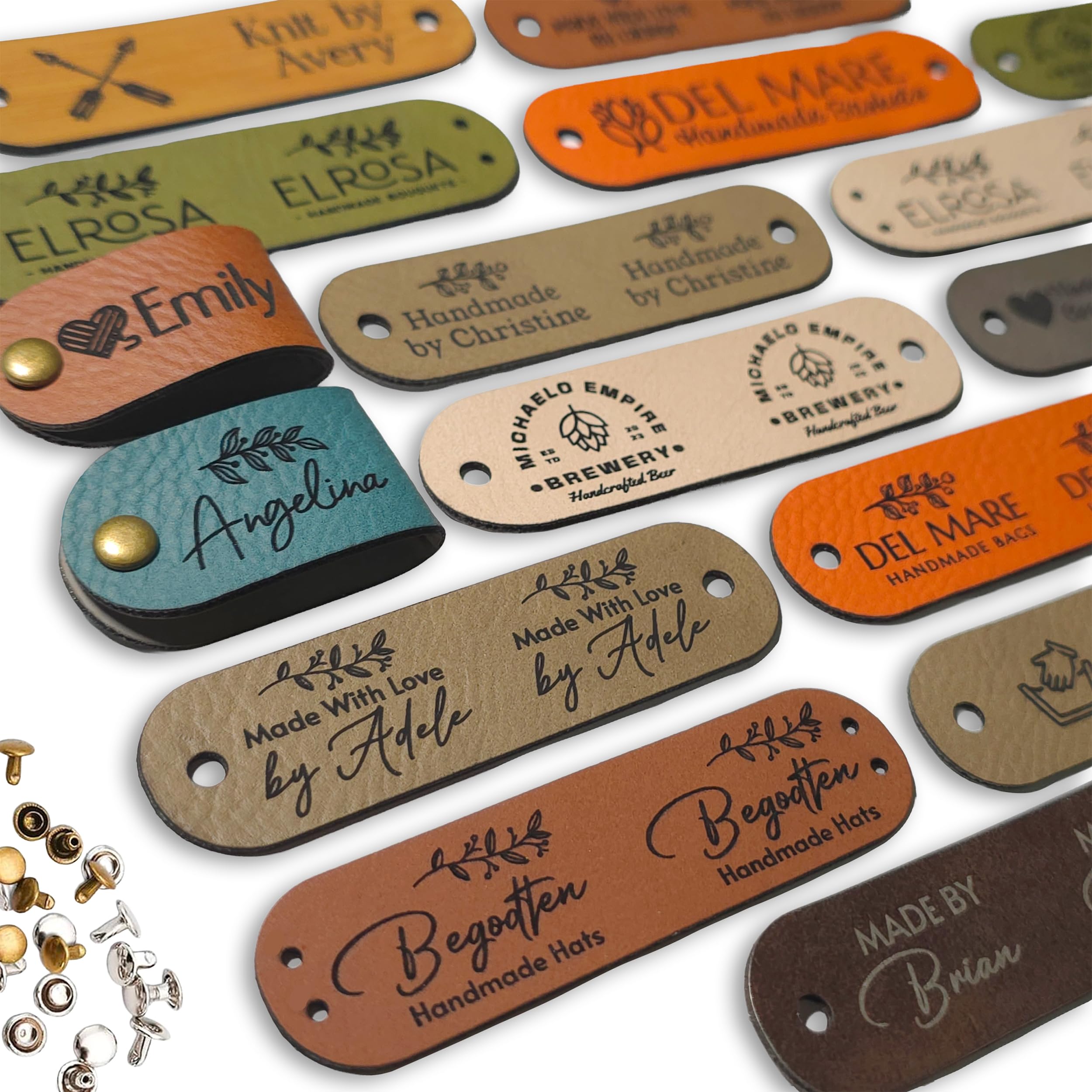 Customized 2.75 x 0.75 inches Faux Leather Product Tags with Rivets, Personalized Tags for Knitting Crochet, Cute Labels Handmade Perfect for Hats Beanies Scarves & More, Labels for Knits