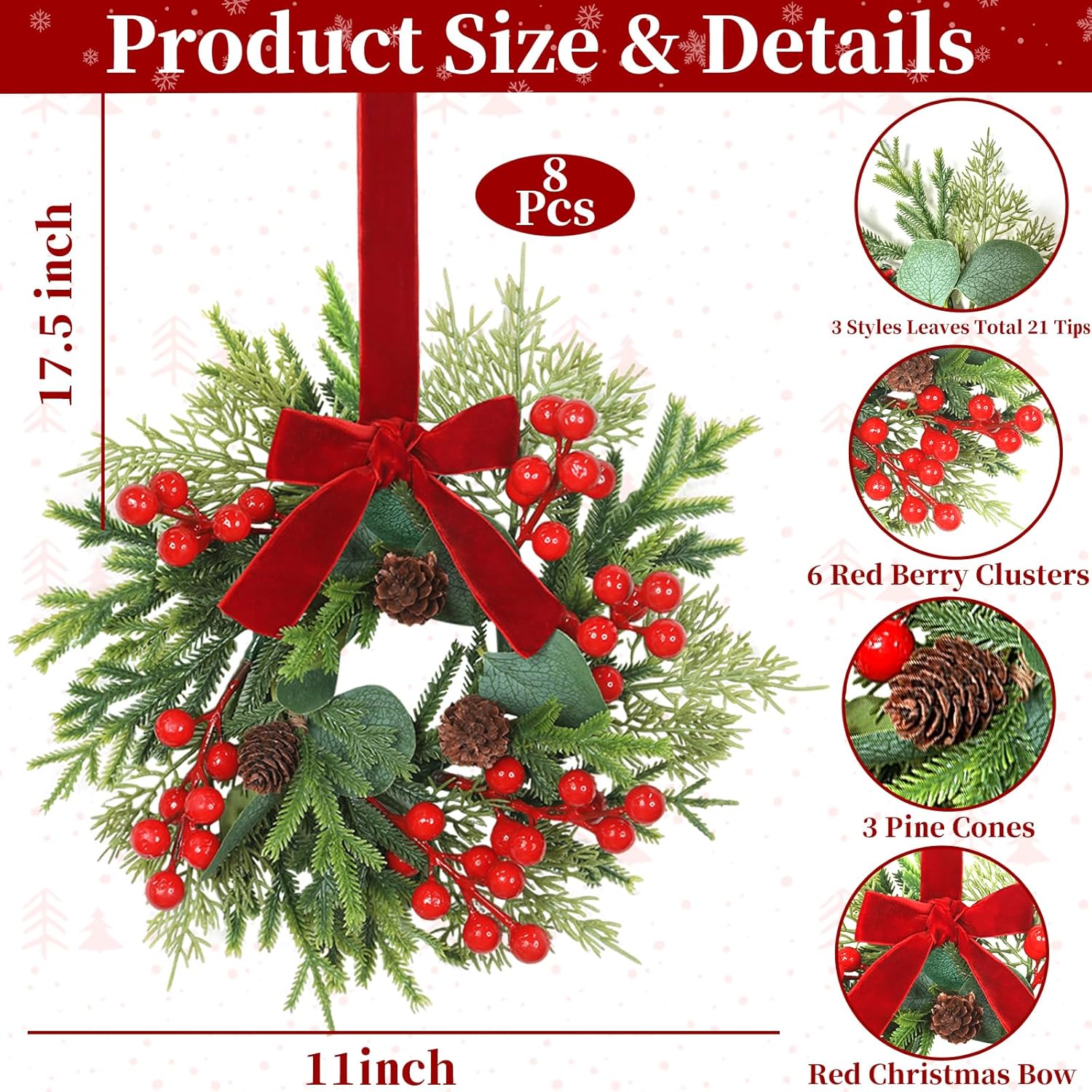 8 Pcs 11" Small Christmas Wreaths for Windows Kitchen Cabinets, Mini Christmas Wreath with Cedar Cypress Eucalyptus Leaf Pinecones Red Berried Bow Christmas Wreaths for Front Door Wall Chairs Stairs