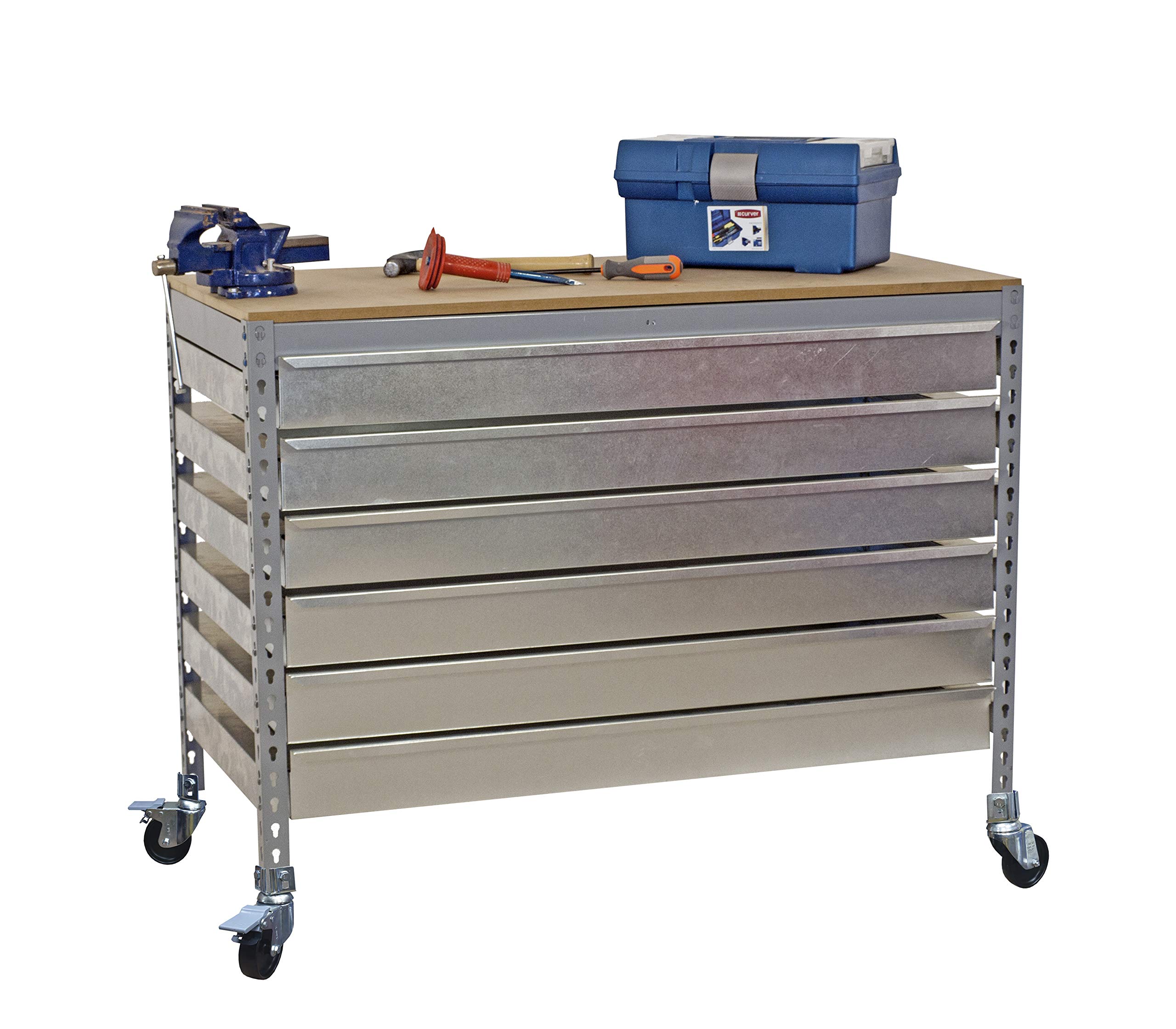 Simon Rack Banco de Trabajo Taller con Ruedas 1510x760 mm - BT5 | 6 Cajones, Tablero madera 16 mm, Capacidad Carga 120 kg, Gris , Pintura anticorrosión, Montaje sistema clic