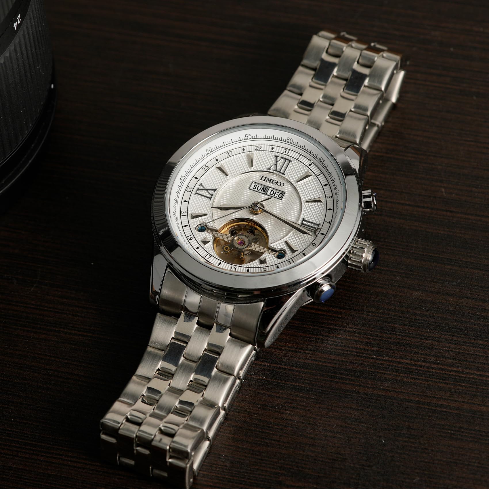 TIME100 Relojes Automáticos Mecánicos para Hombre con Diseño Skeleton, Correa de Acero o Cuero, Calendario Multifunción y Resistencia al Agua
