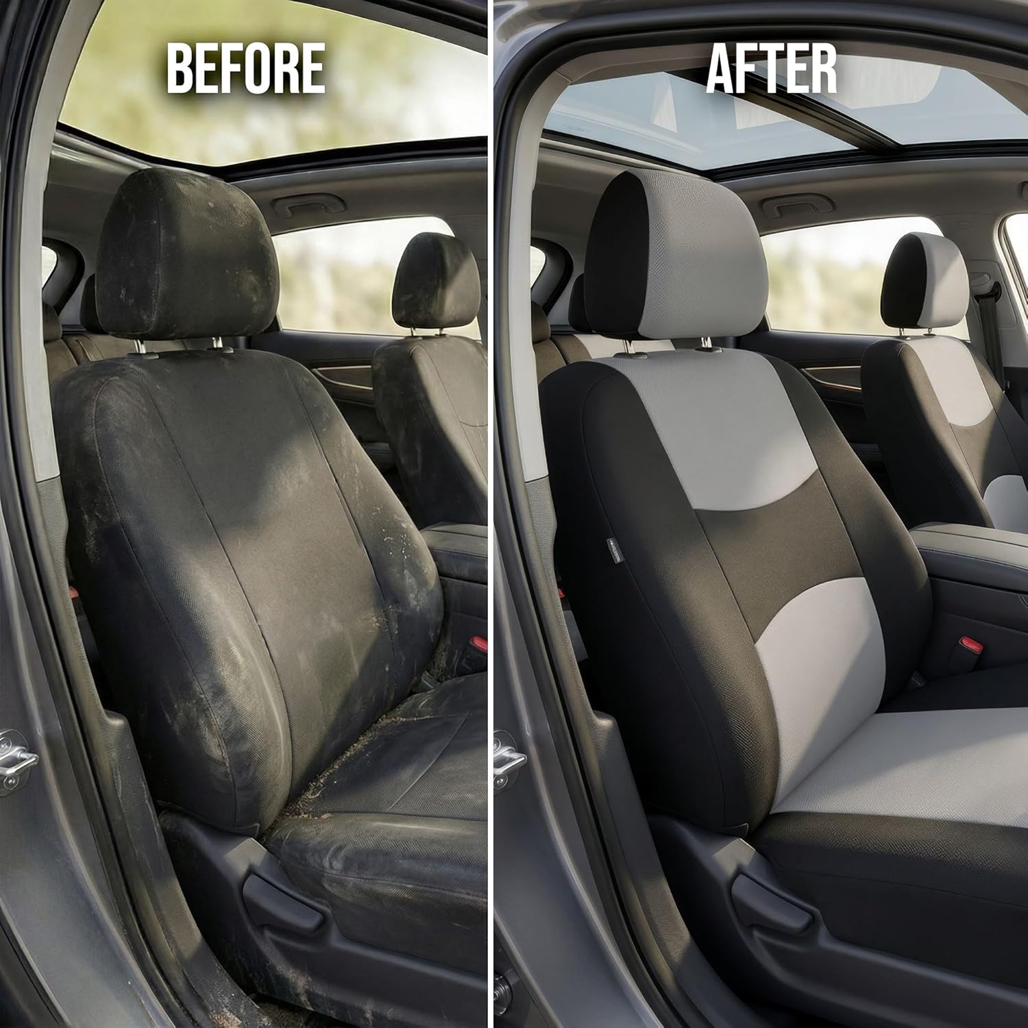 FH Group Bright Flat Cloth Full Set Automotive Seat Covers Front Set and Rear Solid Bench Gray Black Seat Covers w. Gift Universal Fit Interior Accessories for Cars Trucks and SUVs