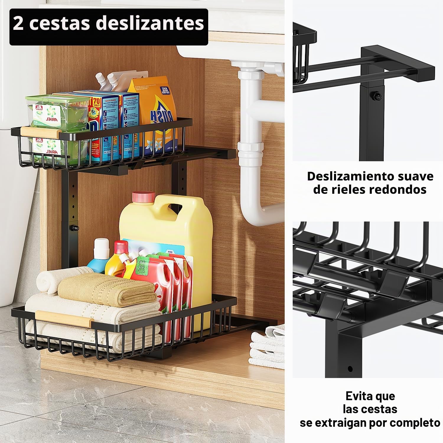 Organizador Bajo Fregadero 2 Niveles con Cajones Deslizantes 42.5cm Altura Regulable Estante Almacenamiento Debajo Fregadero Organizador Cocina Multifuncional Forma de L para Cocina, Baño
