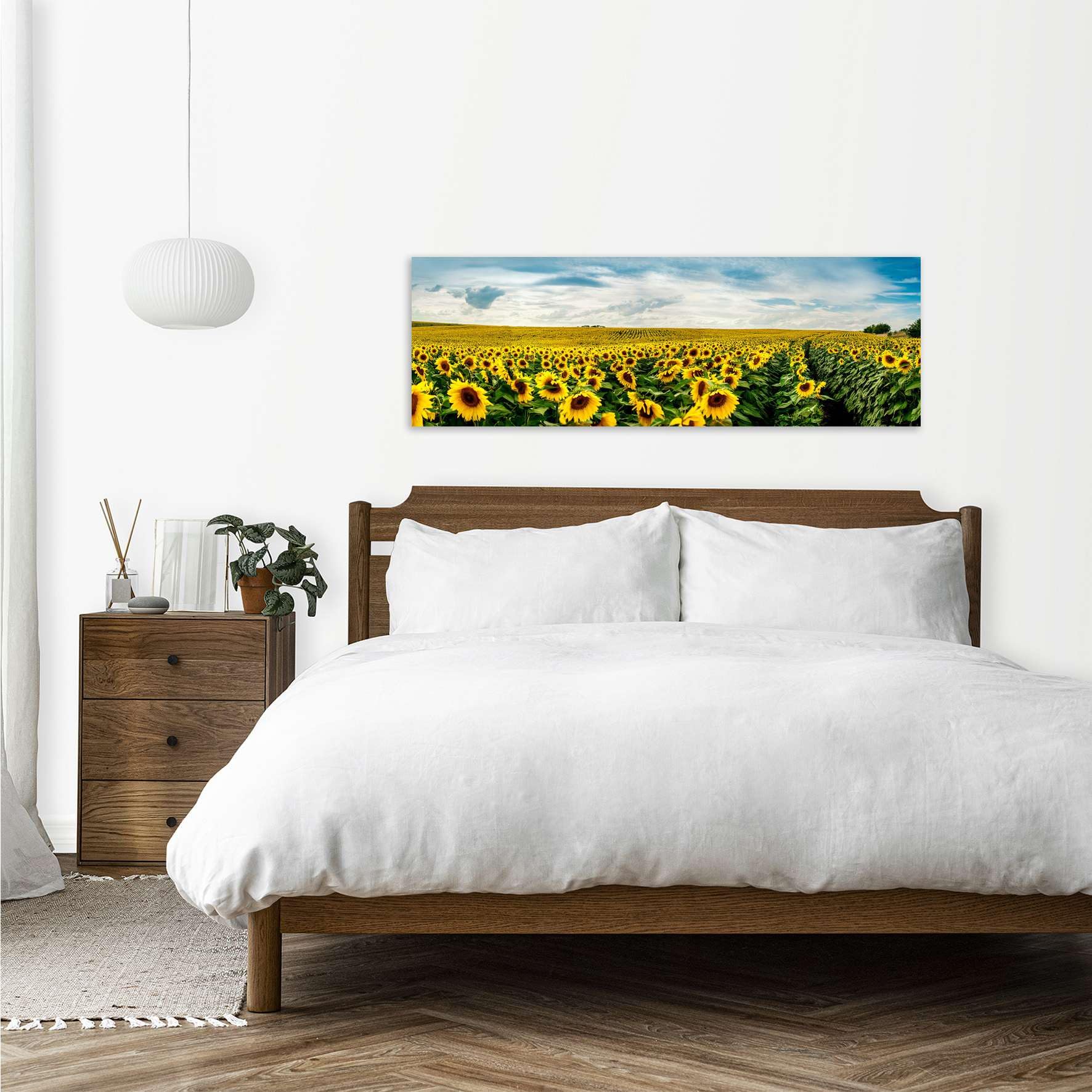 Panorama campo di girasoli - Quadro Stampa su Tela con Telaio in legno - 120x40 cm