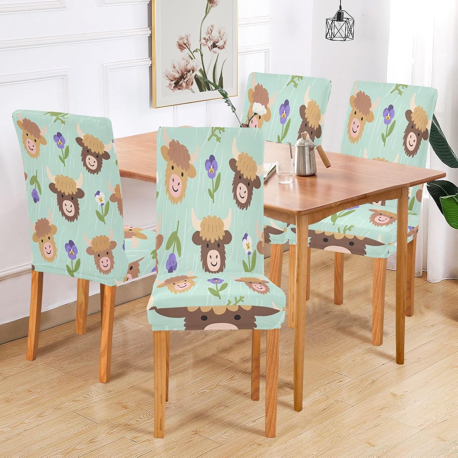 ALAZA Chair Covers for Dining Room, Cartoon Highland Cattle Flowers Pattern Stretch Chair Cover Sets Chair Protector Removable Washable for Ktichen Restaurant Hotel