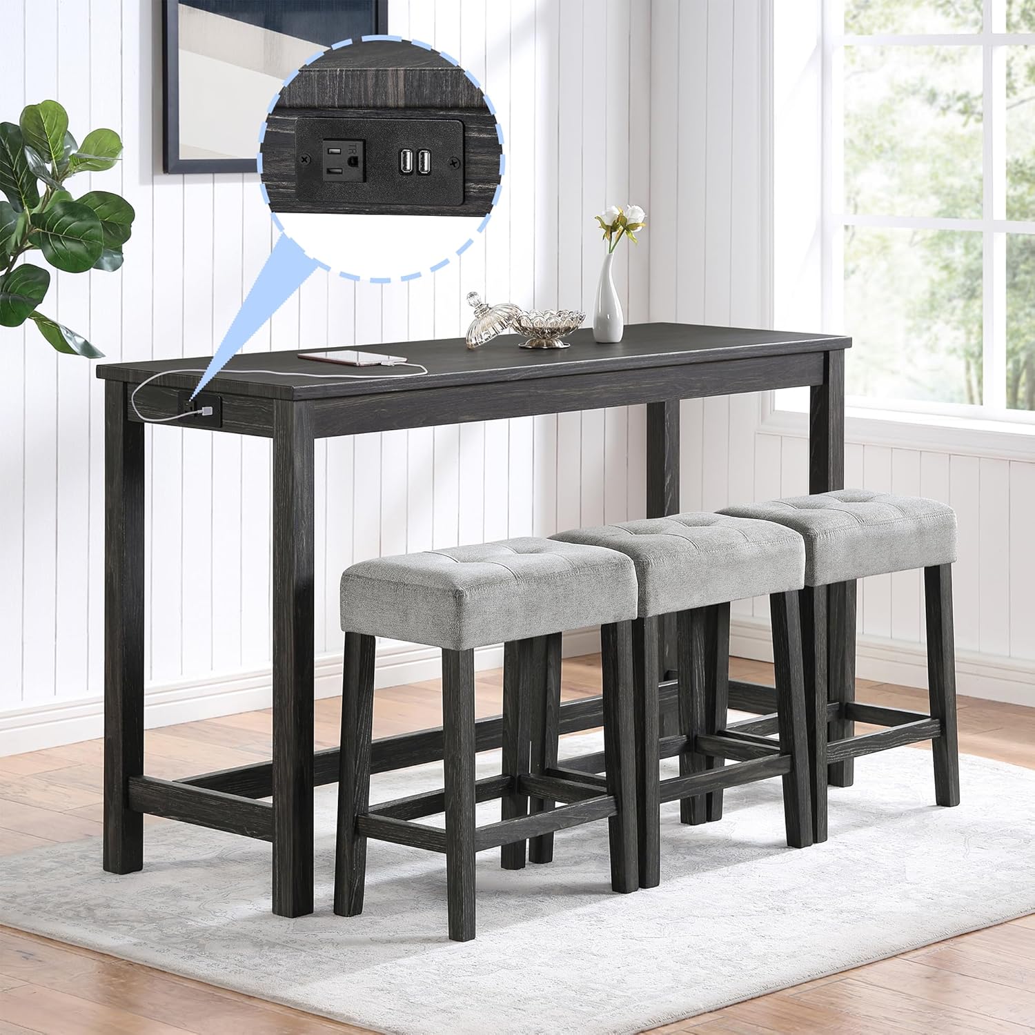 Merax 4 Piece Bar Table Set with Power Outlet,Dining Bar Table and Chairs Set,Industrial Breakfast Table with 3 Padded Stools,for Living Room, Dining Room, Game Room(Black+ Gray)