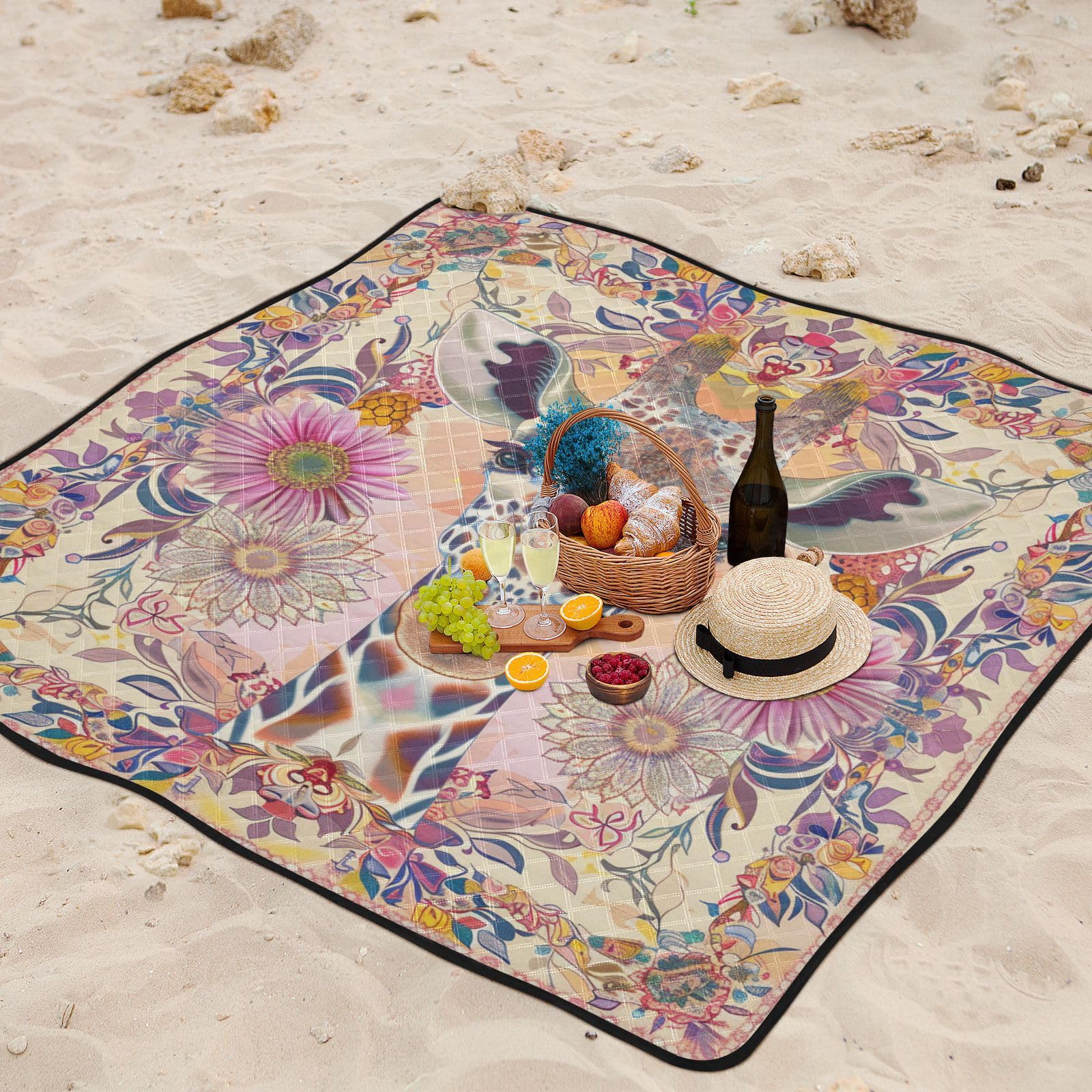 Styl boho kwiat kwiatowy żyrafa duży koc plażowy odporny na piasek turystyka na zewnątrz kemping mata dla kobiet na zewnątrz