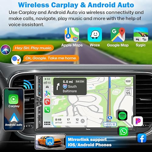Miniatura 2 de Actualización inalámbrica Radio de coche doble DIN con Apple CarPlay inalámbrico y Android Auto, Bluetooth, enlace de espejo de teléfono, pantalla