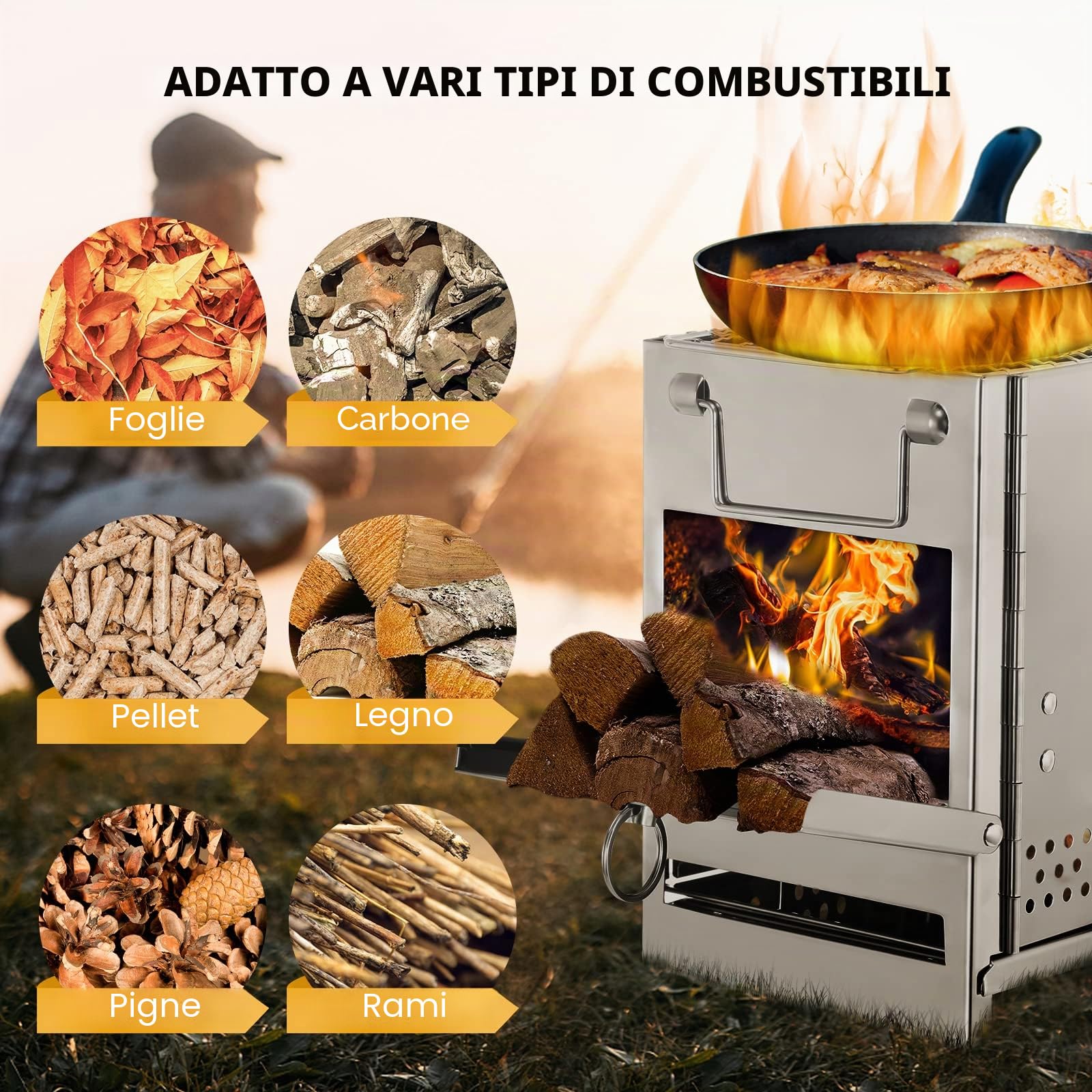 Lixada Campeggio Stufa In Acciaio Inox Pieghevole Zaino Stufa A Legna Mini Barbecue Grill con Borsa Da Trasporto per Campeggio Escursionismo Cucina