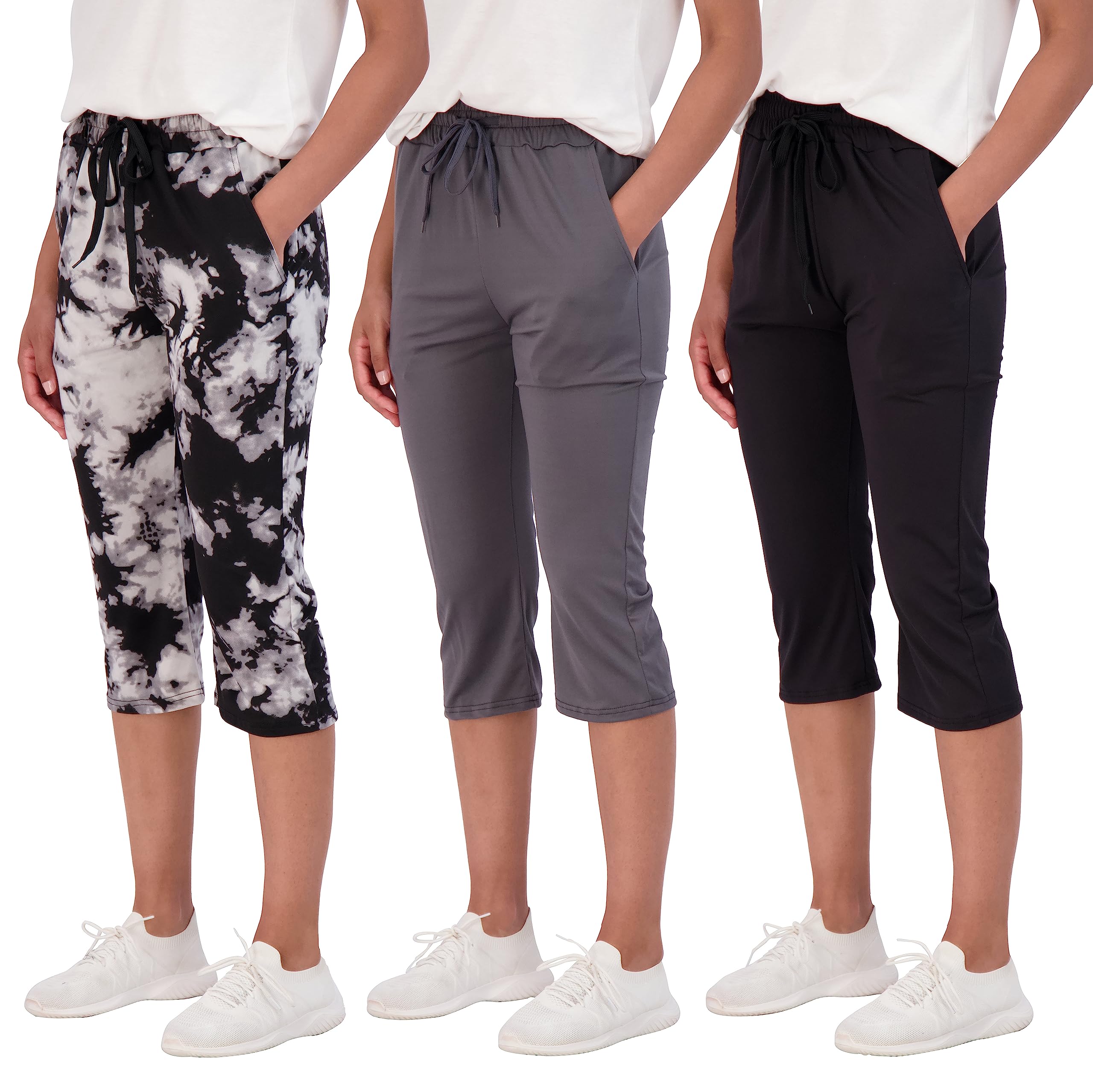 Real Essentials3-Pack: Women's Capri Open Bottom Soft Sweatpants with Drawstring (Available in Plus Size)
