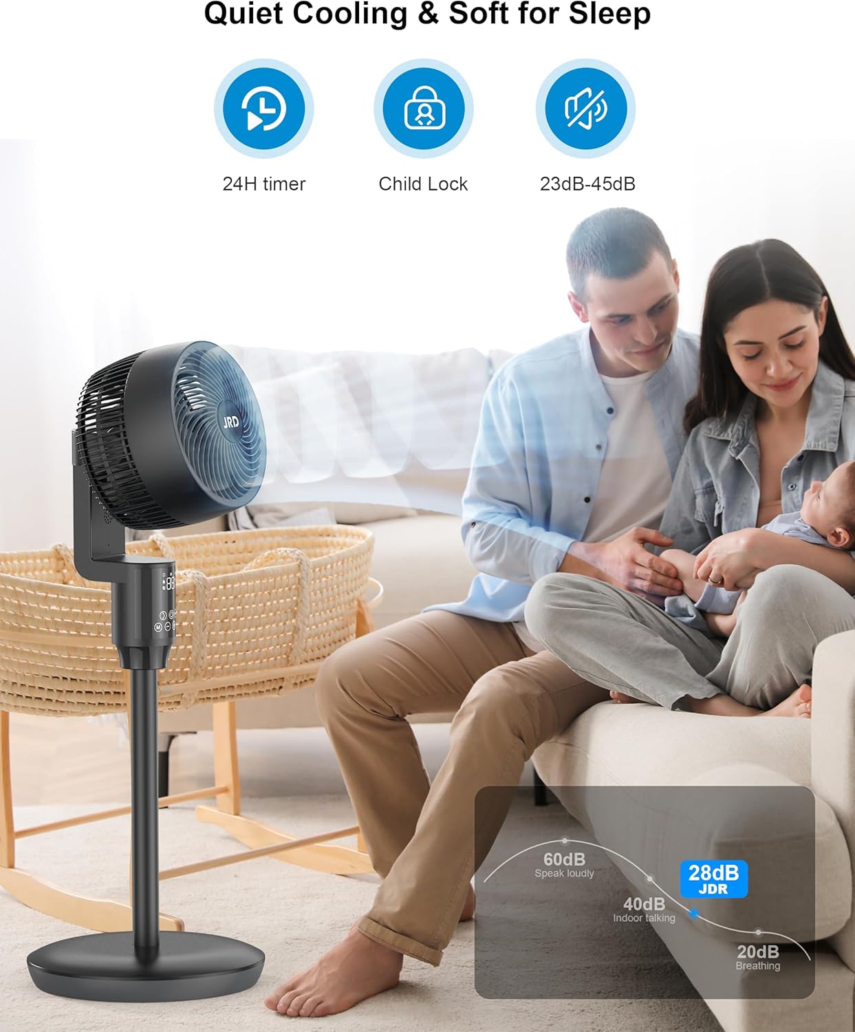 JRD Fan for Bedroom, 70° Oscillating Standing Fan, 100ft Pedestal Fans for Home Office, 90° Manual Vertical, 6 Speeds, 3 Modes,Remote, 19-38" Adjustable Height, Air Circulator