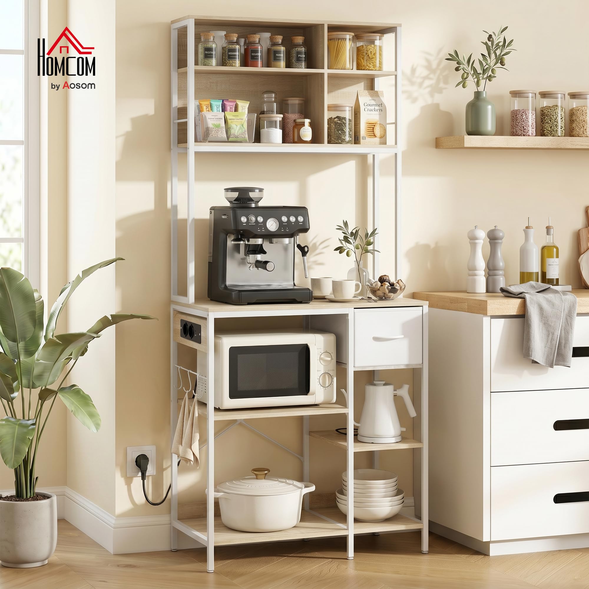 HOMCOM Estantería de Cocina con Enchufes y Puertos USB 80x40x181 cm Roble