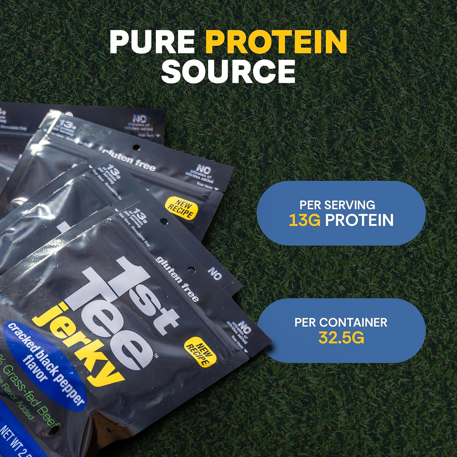 1st Tee Cracked Black Pepper Beef Jerky made with grass-fed beef jerky, 13 grams proteins and one gram fat per serving 2.5oz