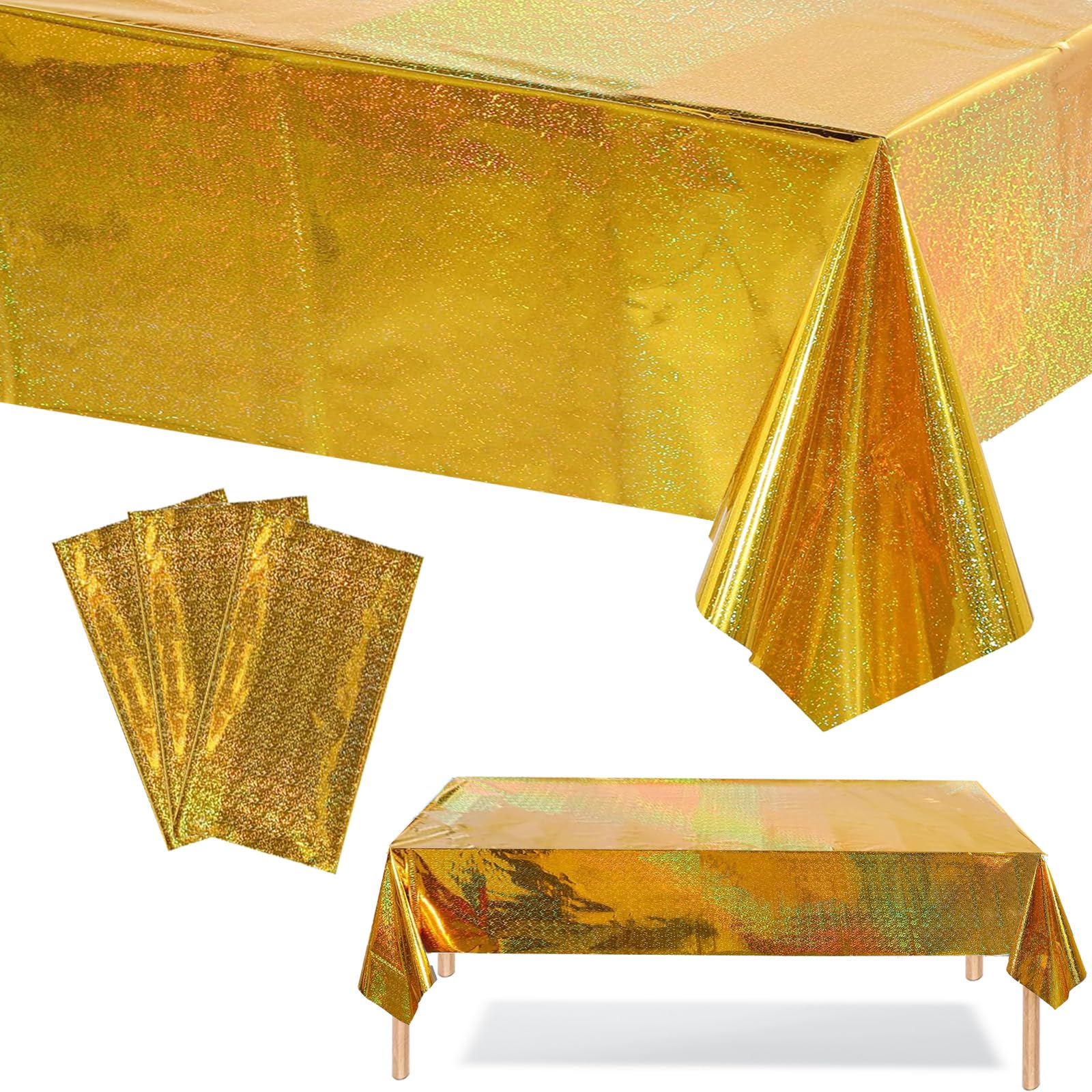 3Pcs Gold Metallic Party Tablecloths, 137*274cm Glitter Party Table Cloth Disposable, Gold Sparkly Plastic Tablecloth, Sequin Table Cover for Birthday, Wedding, Disco Party Table Decorations
