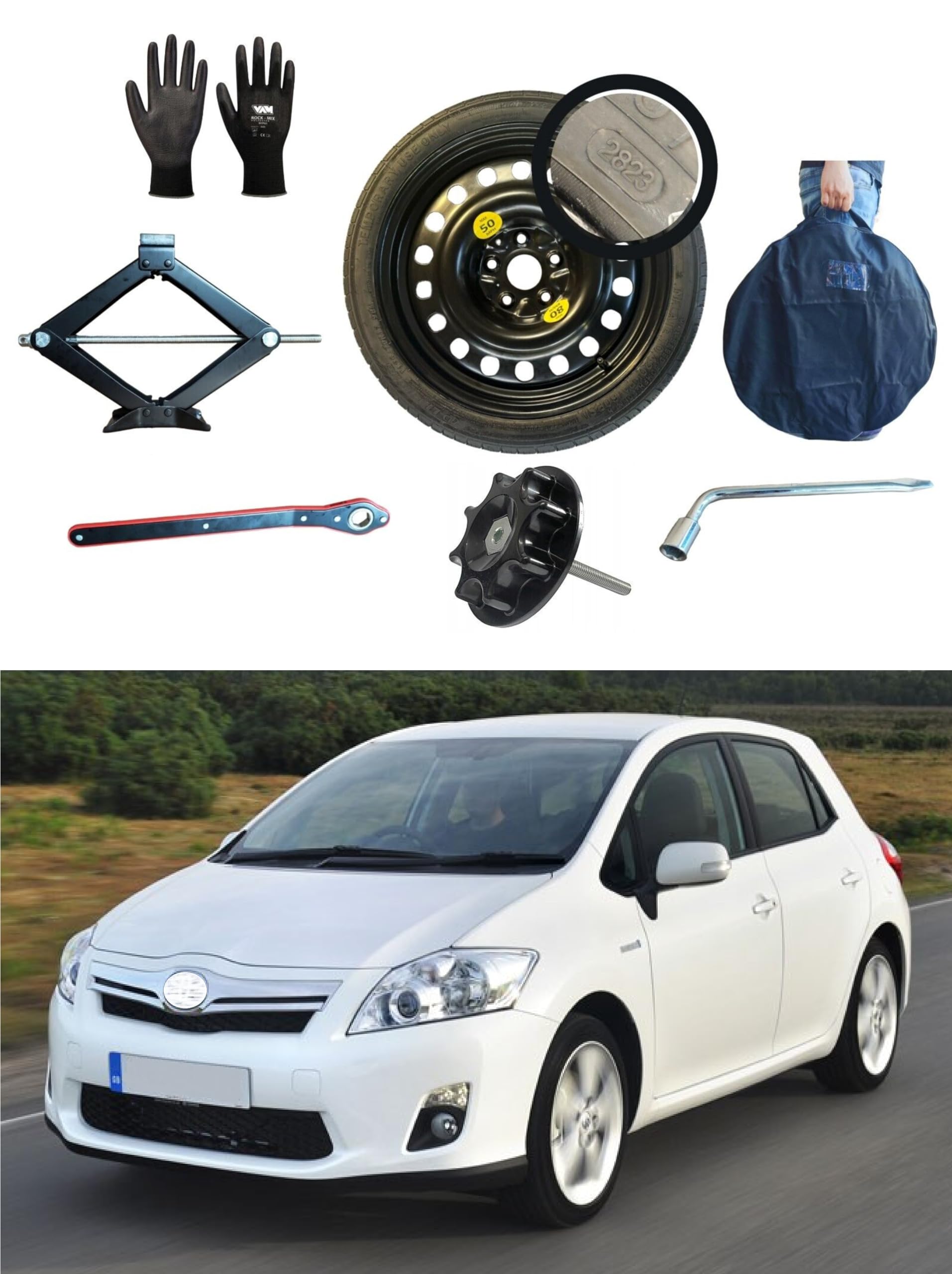 Kit de Rueda de Repuesto 17" compatible con Toyota Auris Hybrid II con Gata, Llave, Guantes y Funda125/70R17