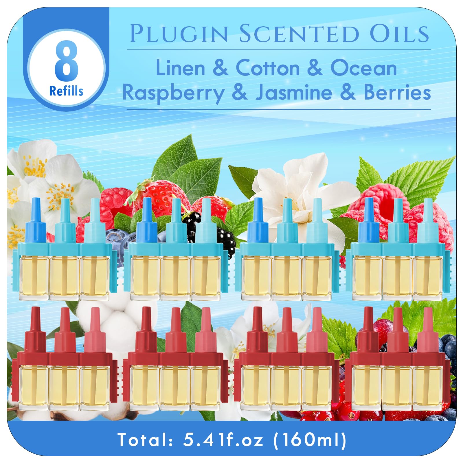 Ambientador Casa Recarga, 8 recambios Aroma Primavera 160 ml, 3 Fragancias Que Se Alternan, para Aire Ambipur 3VOLUTION - Lino, Algodón, Océano, Frambuesa, Jazmín, Frutos Rojos