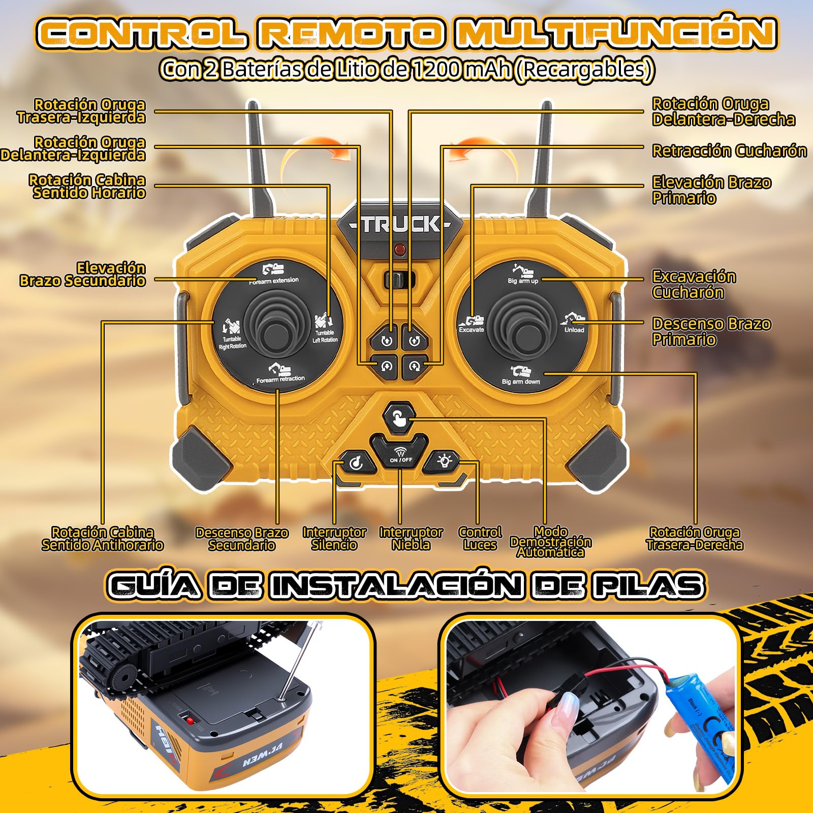 Excavadora Teledirigido, 17 Canales Excavadora RC para Niños Escavadoras Juguetes con Pala metálica, Conductor, Pulverizador, Luces y Sonido, Juguete Construcción Regalo Niño 3+ Años (2,4GHz)