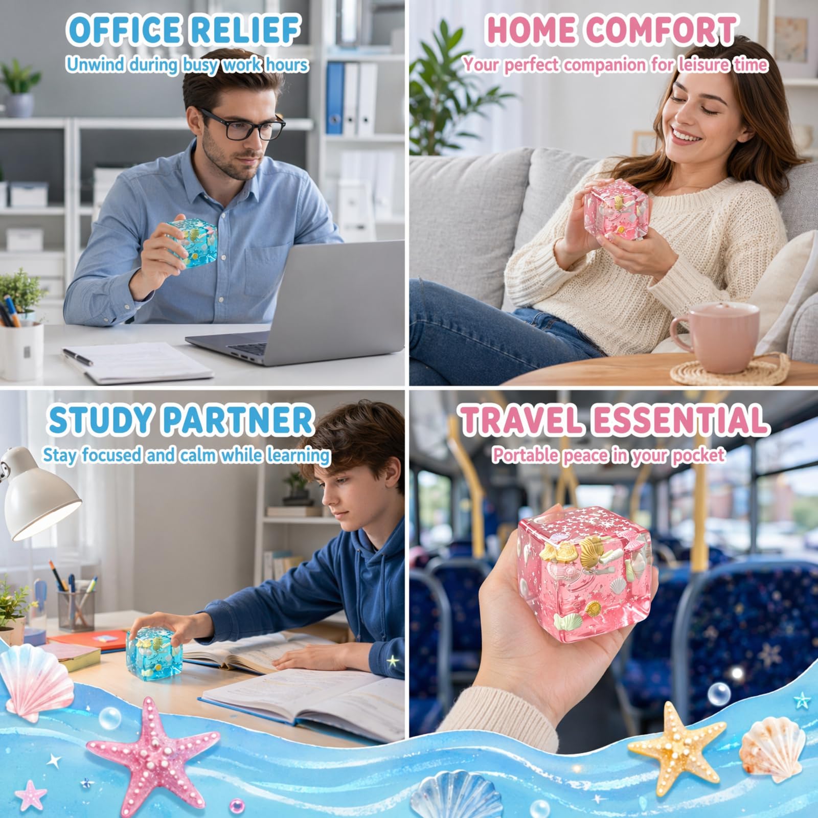 2 Stück Squishy Ice Cube Stresswürfel, 5.5CM Nice Ice Cube Squishy, Ozean Muscheln Eiswürfel Fidget Toys, Relief Sensory Squeeze, Anti Stress Sensorik Geschenke Spielzeug für Kinder & Erwachsene