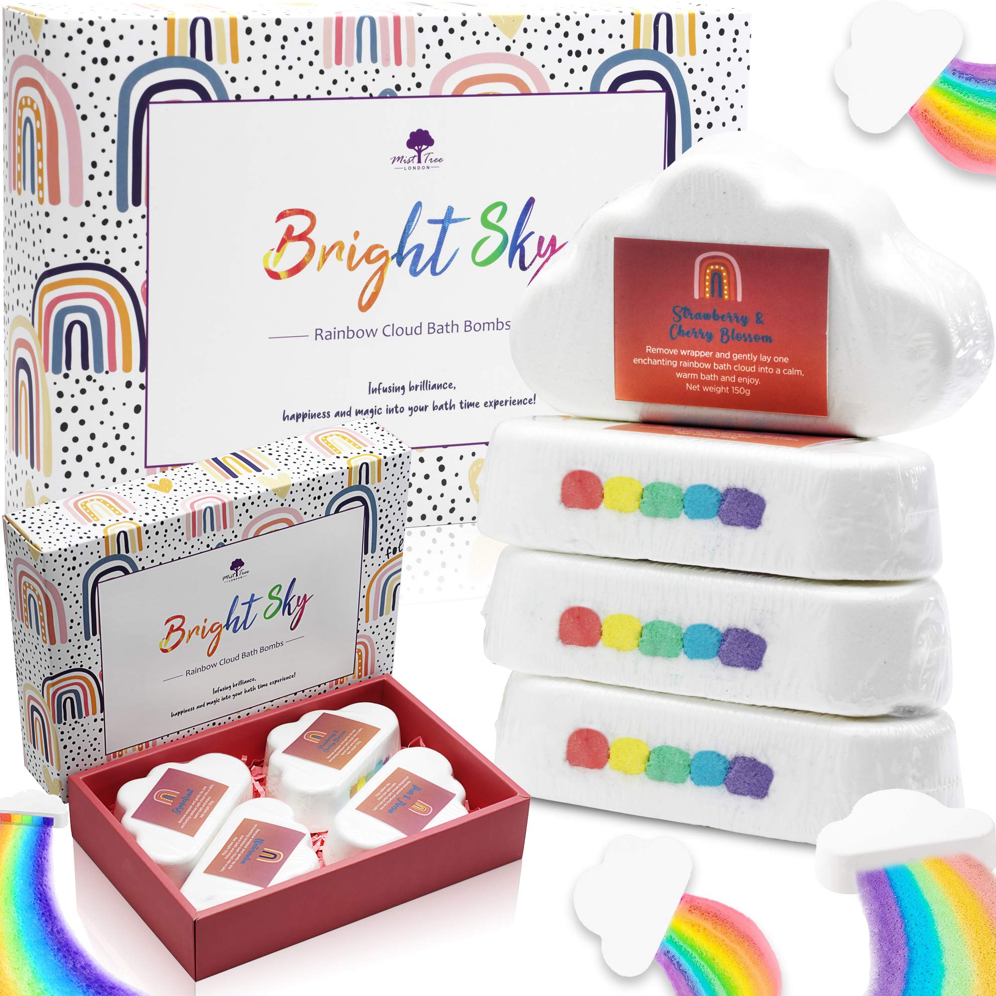 Rainbow Bath Bomb Gift Set - 4X Large Organic Cloud Bath Bombs, UK Brand Safe for All Skin Types, Mother's Day, Birthday Gifts for Girls, Gifts for Women, No Bath Stain