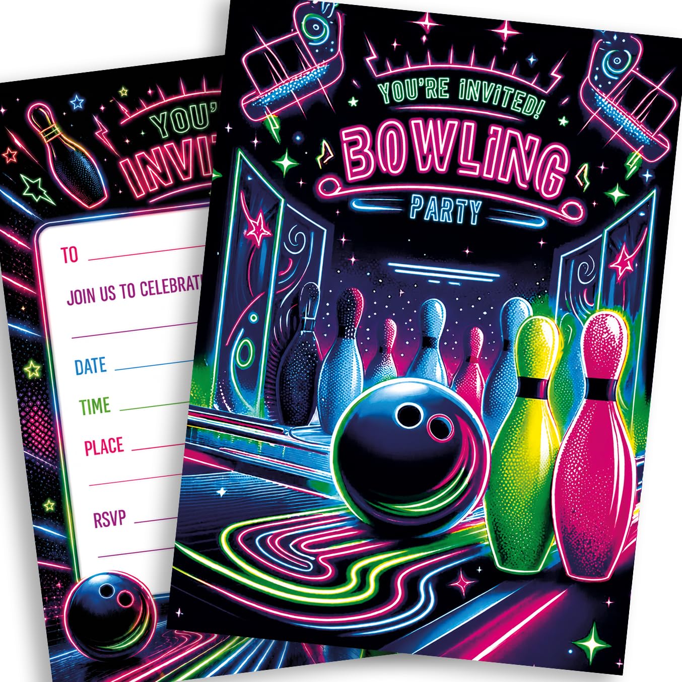 20 Kids Bowling Party Invitations, A6 Double-Sided Fill-In Birthday Invitation Cards, Neon Glow Design for Boys & Girls, Bowling Birthday Party, Children's Birthday, School Party, Celebration Invites
