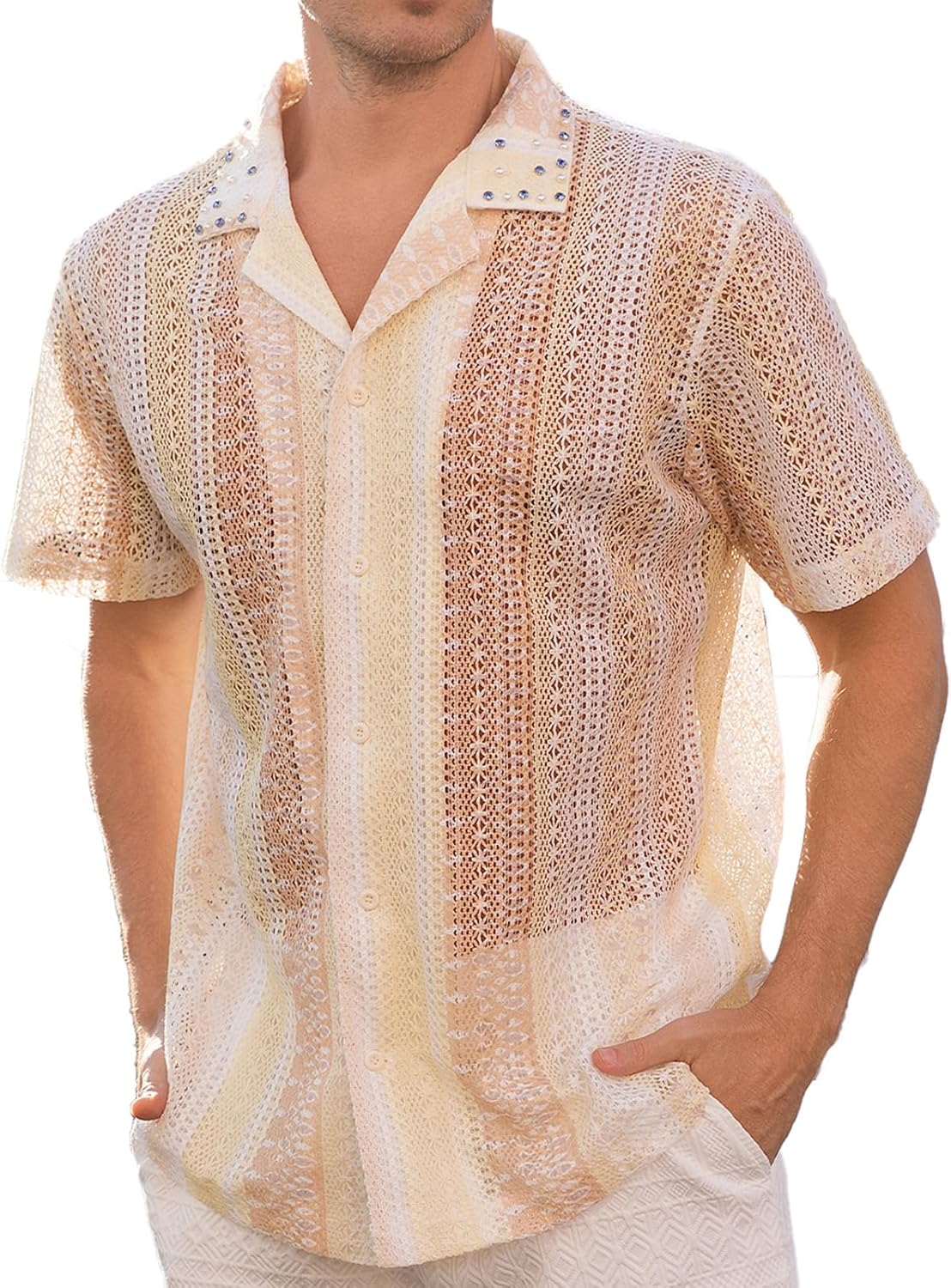 Men’s Crochet Lace Button Down Shirt, Beach Shirt for Men, Rhinestone Collar, Sheer Short Sleeve Resort Top