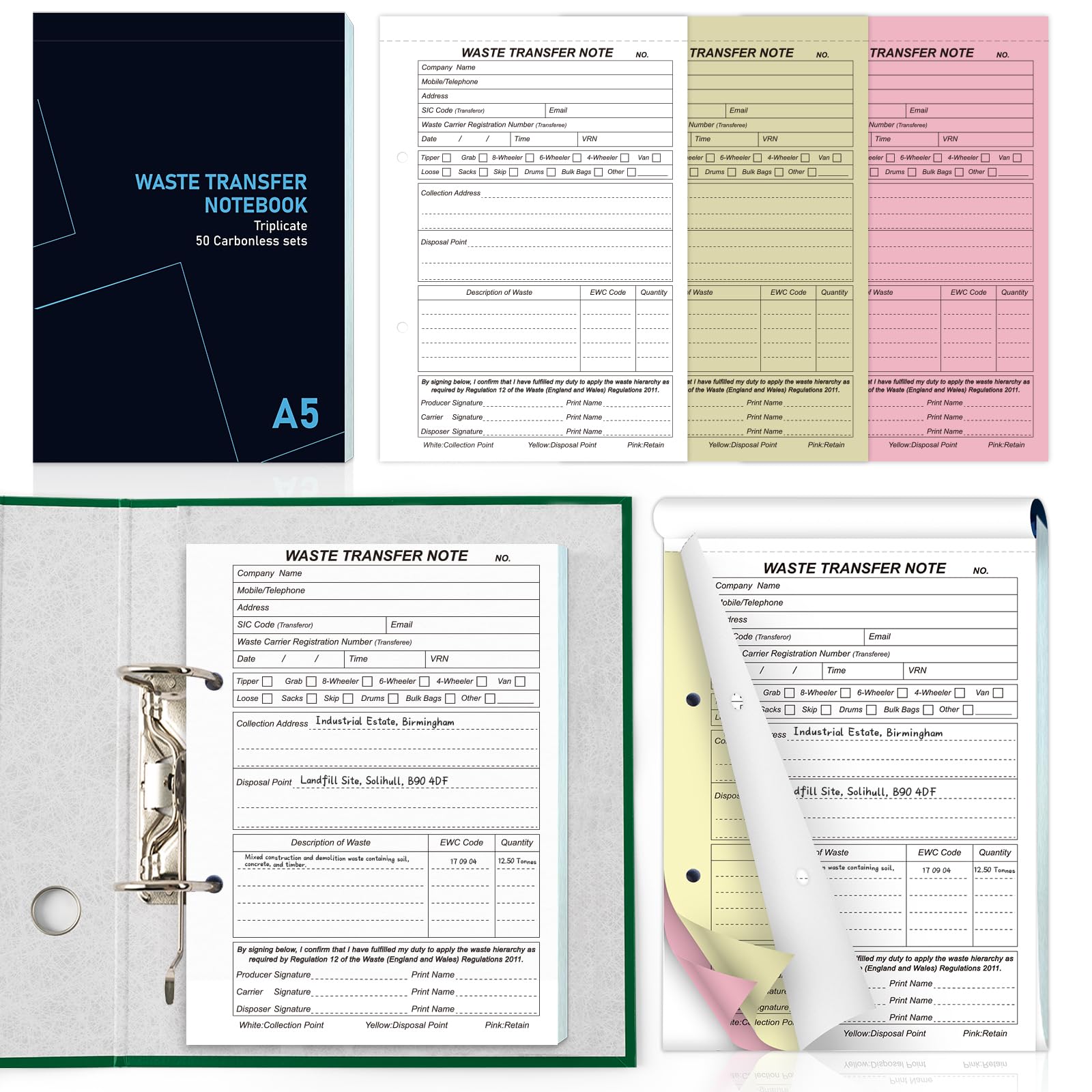 Waste Transfer Note Book A5 Perforated Triplicate Pad 3-Part Carbonless 50 Sets Punched 2 Holes Duty of Care Business Waste Records Book Compliant with Waste Regulations
