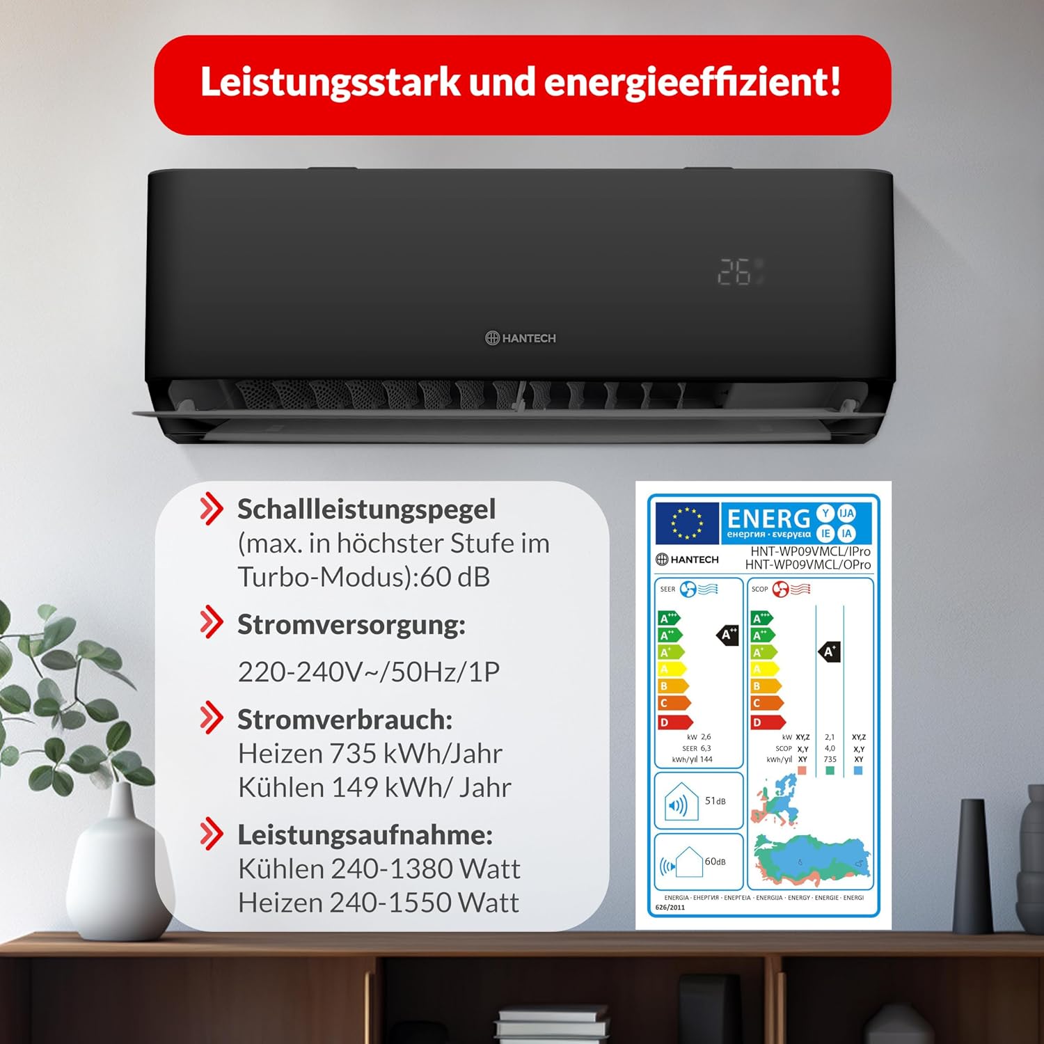 HANTECH H-PRO Air Conditioner energy label and power specifications