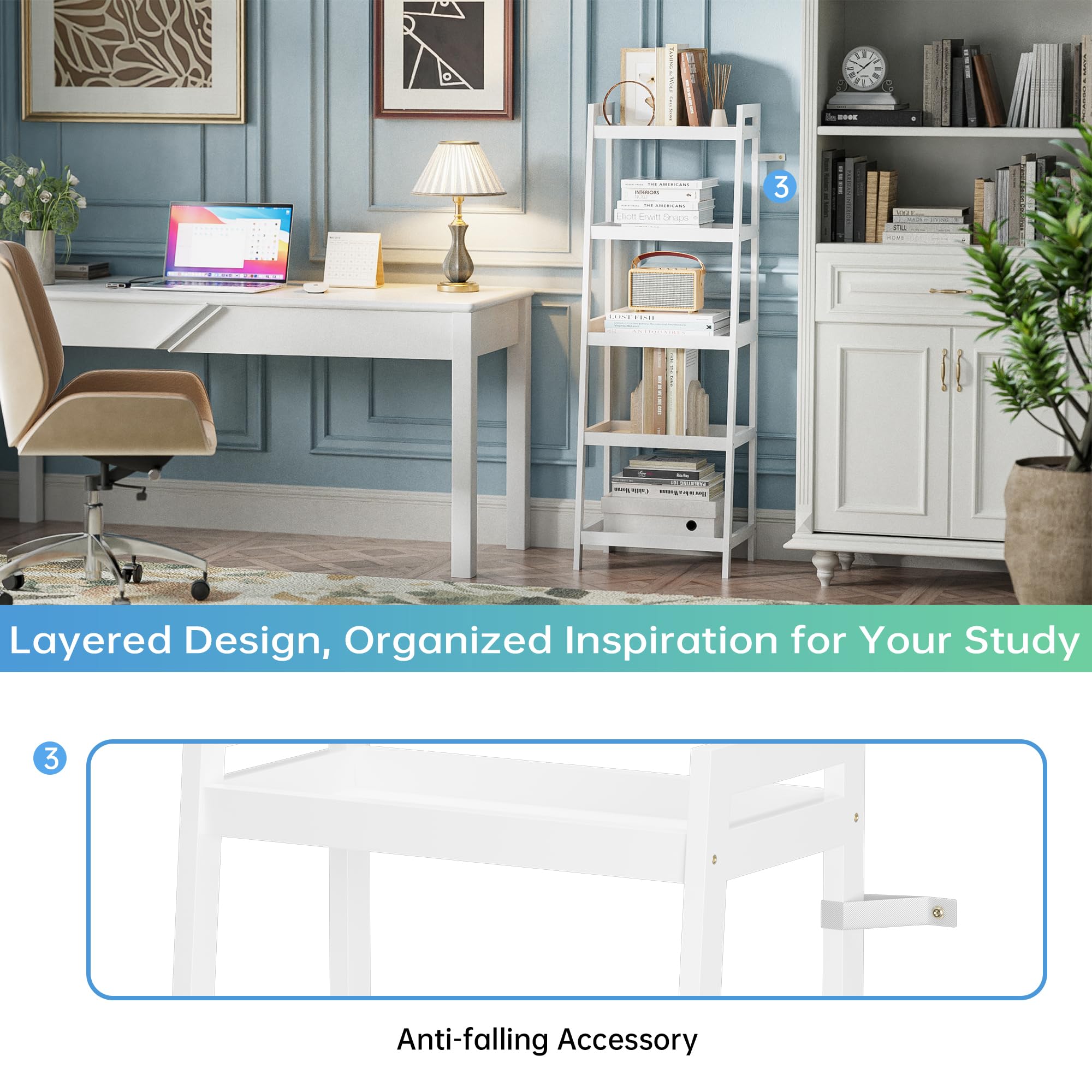 SMIBUY Estantería Escalera de Bambú,Organizador de estantes de baño, estantes Que ahorran Espacio para Dormitorio de 4 y 5 Capas (Blanco, 5 Niveles (127cm H))