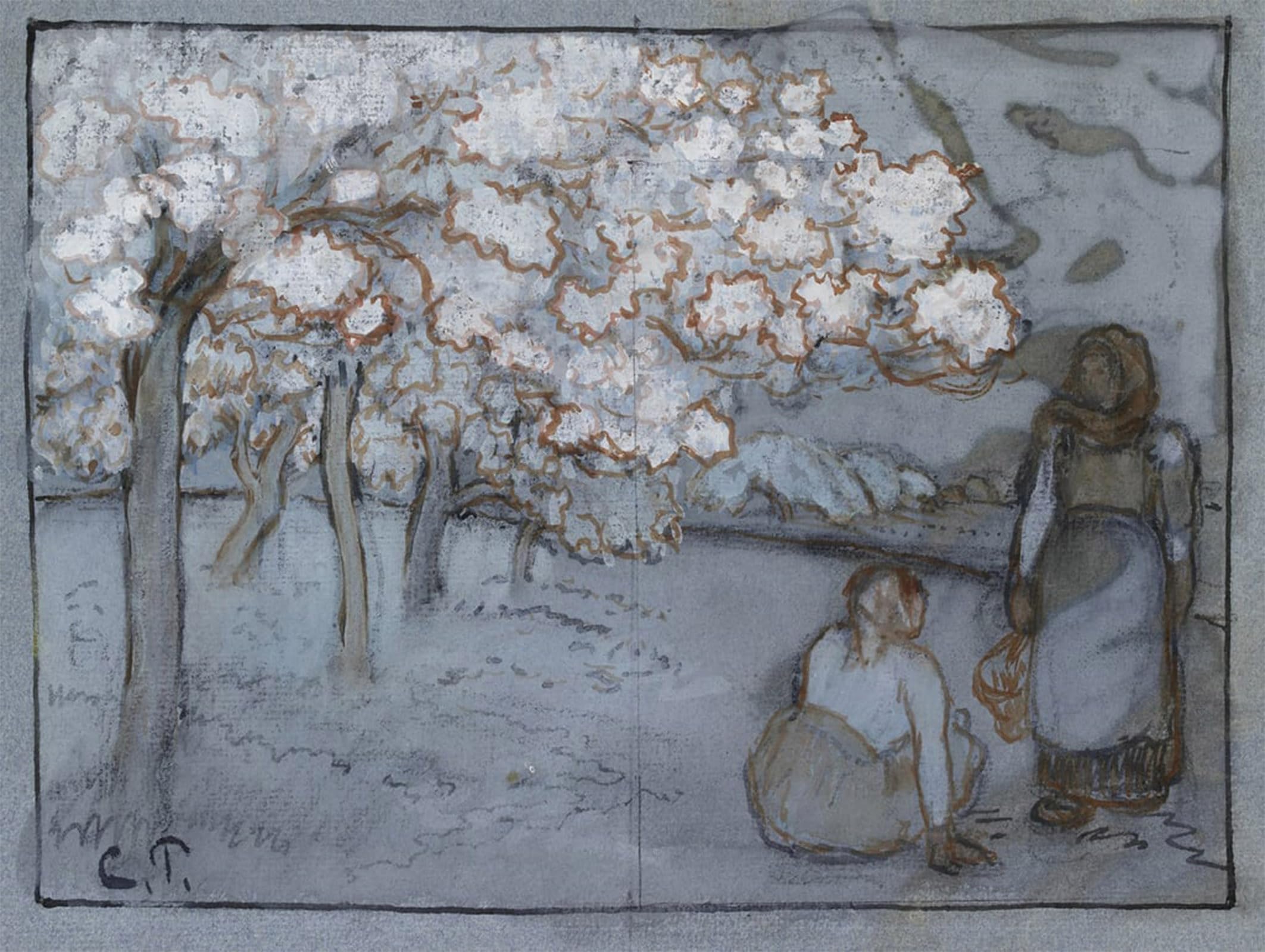 POSTERIIk Vintage Art Print Images Pictures Print Compositional Study of Two Female Peasants Conversing in an Orchard by Camille Jacob Pissarro Modern Colour Posters for Office Home Decor 60x90cm