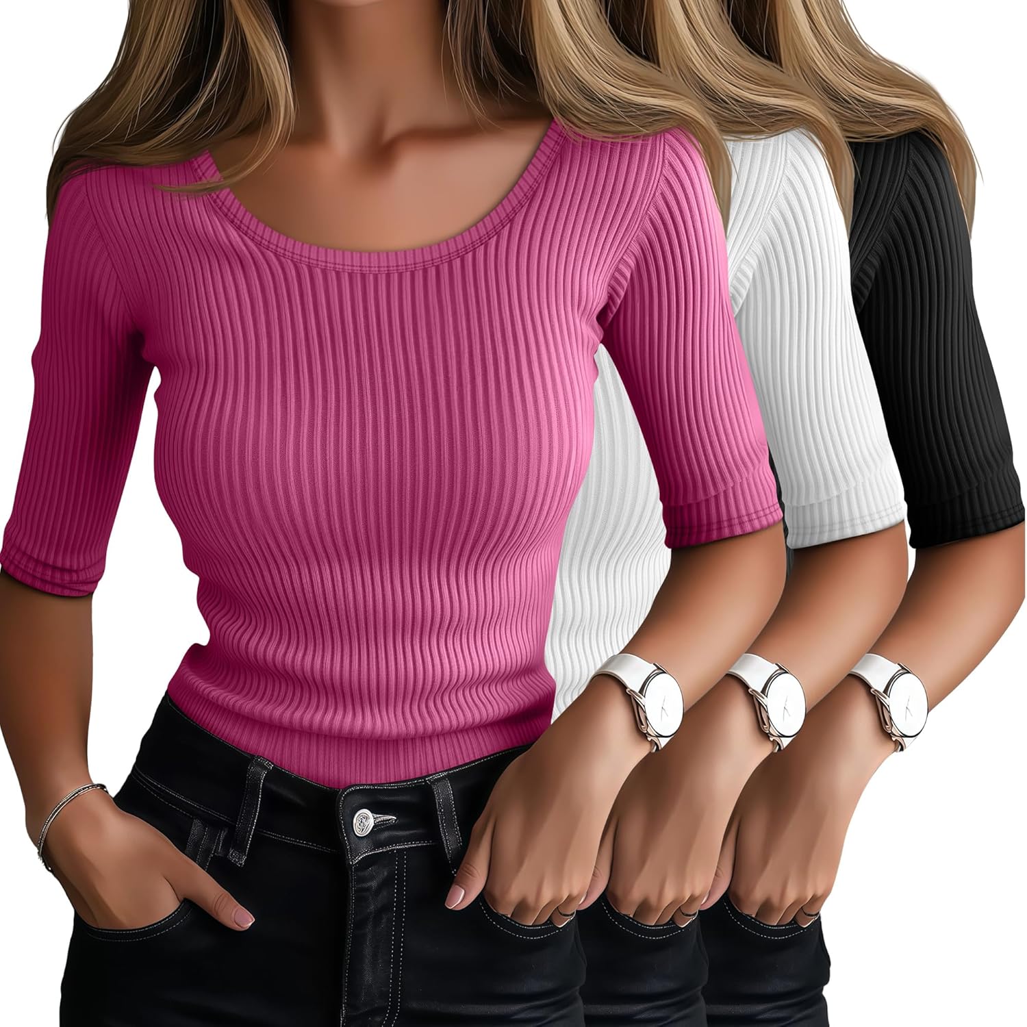 Ficerd 3 Pack Elbow Length Shirts for Women Half 1/2 Sleeve Tops Scoop Neck Ribbed Slim Fit Basic Tee 2025 Summer Trendy