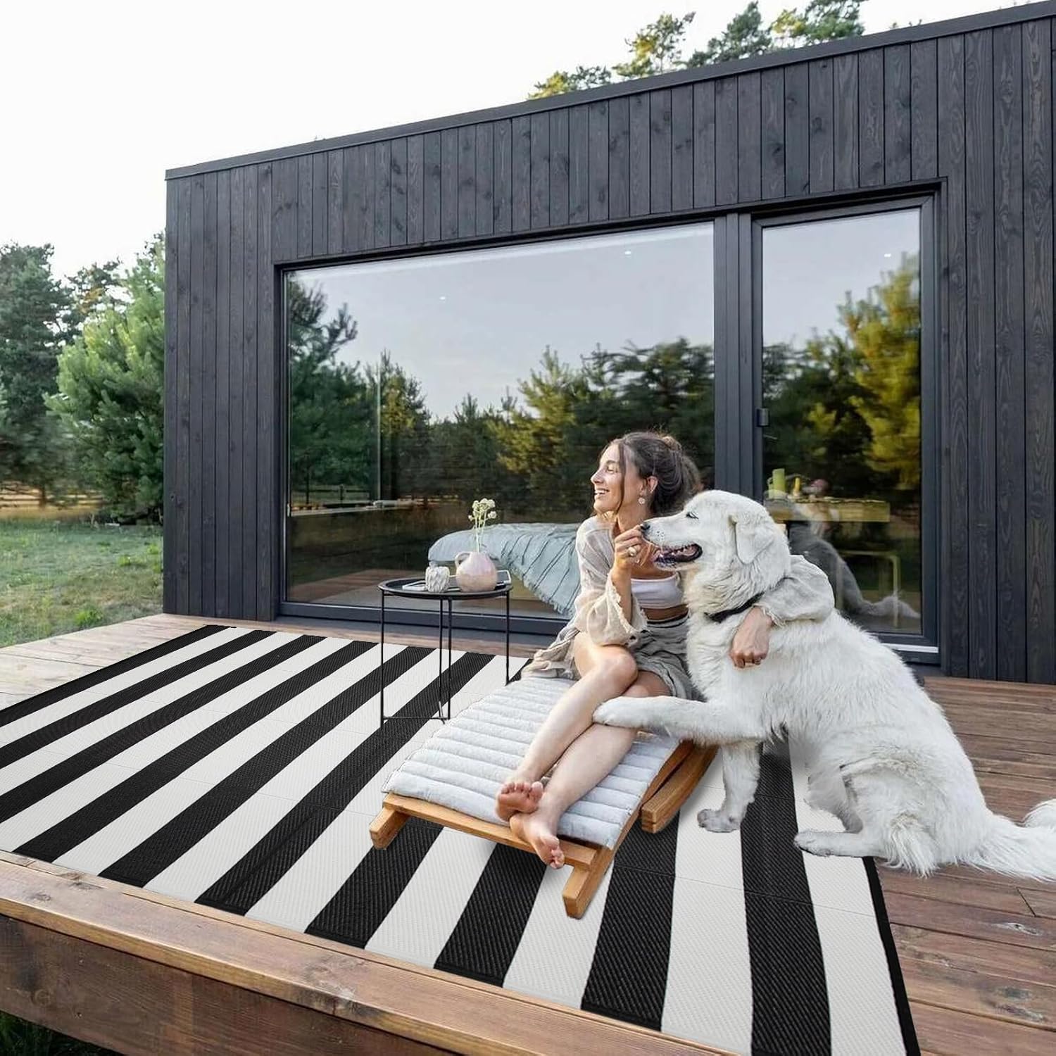 Photo 1 of Outdoor Rug Waterproof 5 x 8 ft, Reversible Plastic Straw Rug for Patio, Large Outdoor Carpet for RV, Patio, Camping, Backyard, Deck, Picnic, Beach, Black & White