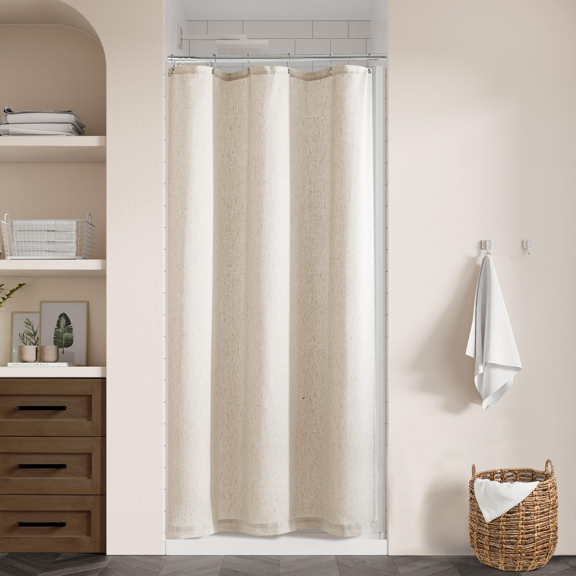 Photo 1 of DUKIYO Beige Small Stall Shower Curtain 36x72 Inch Linen Narrow Size Half Shower Curtains for Bathroom Water Repellent Tan Earthy Tone Boho Farmhouse Rustic RV Drapes Set with Hooks 36 x 72 Inches