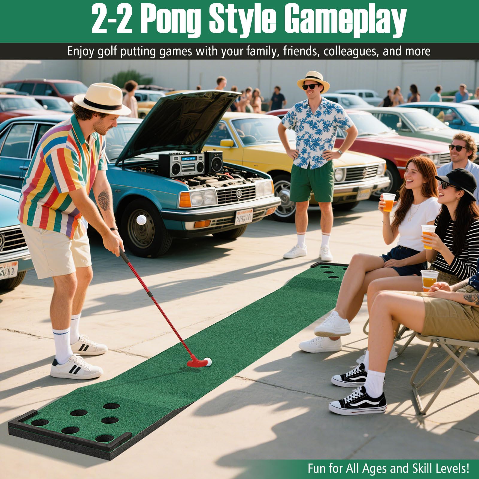 ULTIMATE Golf Pong Putting Game Set, Indoor Outdoor 11FT Golf Training Mat, Putting Green Mat w/ 2 Adjustable Putters, 6 Balls & 12 Hole Covers for Party, Backyard, Home and Office