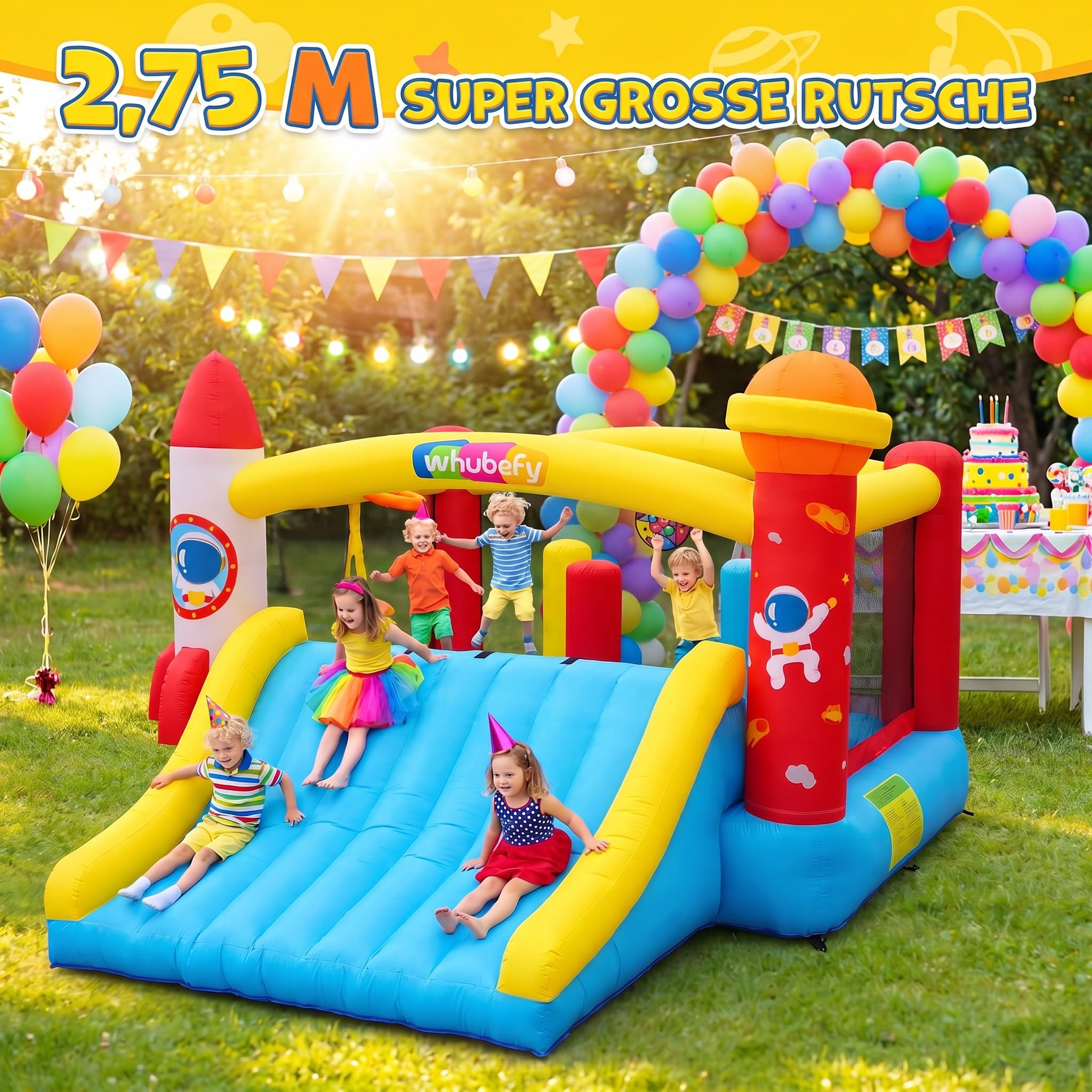 Castello gonfiabile per bambini di età 8-12 anni, 4,1 x 4,1 m, per interni ed esterni, con ventilatore, castello gonfiabile spaziale per feste e giardino