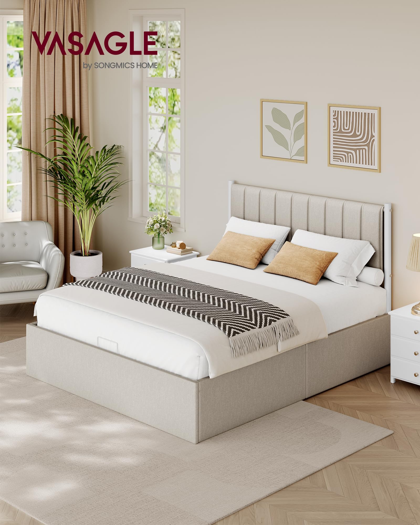 VASAGLE Estructura de Cama, 160 x 200 cm, Cama Elevable, 2 Personas, con Almacenaje, Cabecero, Sistema Hidráulico, Moderno y Minimalista, Fácil Montaje, Beige Capuchino RMB615LH01 - 3
